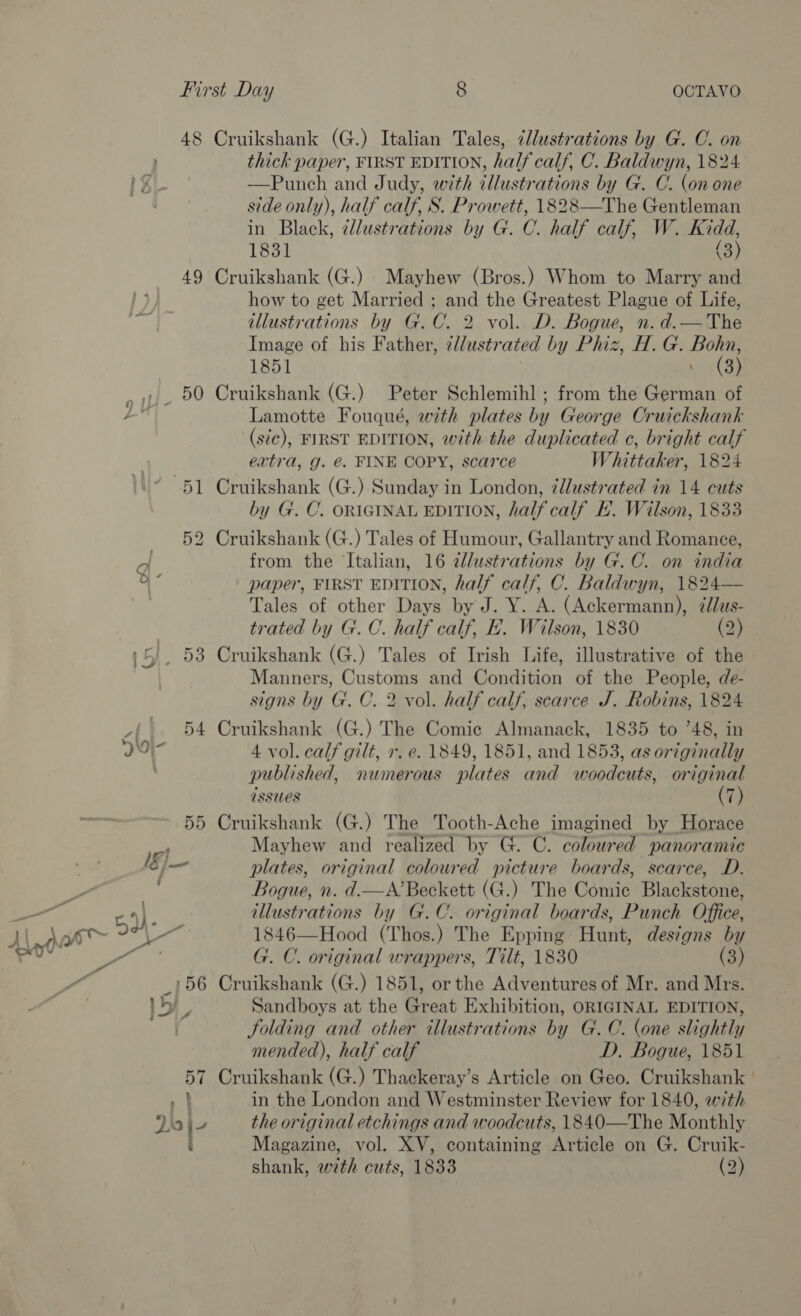 48 Cruikshank (G.) Italian Tales, dlustrations by G. C. on thick paper, FIRST EDITION, half calf, C. Baldwyn, 1824 SLC —Punch and Judy, with illustrations by G. C. (on one aan side only), half calf, S. Prowett, 1828—The Gentleman in Black, 2llustrations by G. C. half calf, W. Kidd, 1831 (3) 49 Cruikshank (G.) Mayhew (Bros.) Whom to Marry and how to get Married ; and the Greatest Plague of Life, illustrations by G.C. 2 vol. D. Bogue, n.d.— The Image of his Father, 2l/ustrated by Phiz, H. G. Bohn, 1851 yl Sy .. 50 Cruikshank (G.) Peter Schlemihl ; from the German of tat Lamotte Fouqué, with plates by George Cruickshank (sic), FIRST EDITION, with the duplicated c, bright calf extra, g. €. FINE COPY, scarce Whittaker, 1824 51 Cruikshank (G.) Sunday in London, 7dlustrated in 14 cuts by G. C. ORIGINAL EDITION, half calf EH. Wilson, 1833 52 Cruikshank (G.) Tales of Humour, Gallantry and Romance, g from the Italian, 16 2llustrations by G.C. on india &amp; paper, FIRST EDITION, half calf, C. Baldwyn, 1824— Tales of other Daye by J. Y. A. (Ackermann), ¢lus- | trated by G.C. half calf, E. Wilson, 1830 (2) | 5). 53 Cruikshank (G.) Tales of Irish Life, illustrative of the Manners, Customs and Condition of the People, de- signs by G. C. 2 vol. half calf, scarce J. Robins, 1824 vf 54 Cruikshank (G.) The Comic Almanack, 1835 to ’48, in 29i- 4 vol. calf gilt, r. e. 1849, 1851, and 1853, as originally published, numerous plates and woodcuts, original issues (7) 55 Cruikshank (G.) The Tooth-Ache imagined by Horace Mayhew and realized by G. C. cattle panoramic [§}— plates, original coloured picture boards, scarce, D. iat Bogue, n. d.—A’ Beckett (G.) The Comic Blackstone! | 54) j illustrations by G.C. original boards, Punch Office, HM Agee Cl 1846—Hood (Thos.) The Epping Hunt, designs by poe ee G. ©. original wrappers, Tilt, 1830 (3) i _156 Cruikshank (G.) 1851, or the Adventures of Mr. and Mrs. ly, Sandboys at the Great Exhibition, ORIGINAL EDITION, ) folding and other illustrations by G.C. (one slightly mended), half calf D. Bogue, 1851 57 Cruikshank (G.) Thackeray’s Article on Geo. Cruikshank 1 in the London and Westminster Review for 1840, with Jioje the original etchings and woodcuts, 1840—The Monthly | Magazine, vol. XV, containing Article on G. Cruik- shank, with cuts, 1833 (2)