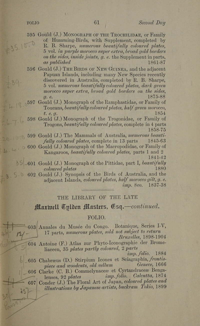        FOLIO 61 Second Day | 595 Gould (J.) MoNOGRAPH OF THE TROCHILIDAE, or Family t of Humming-Birds, with Supplement, completed by | 35. \ wee Bice as Sharpe, numerous beautifully coloured plates, 5 vol. in purple morocco super extra, broad gold borders a on the sides, inside joints, g. e. the Supplement in parts, as published 1861-87 596 Gould (J.) THE Birps or New Guinea, and the adjacent Papuan Islands, including many New Species recently discovered in Australia, completed by R. B. Sharpe, 5 vol. numerous beautifully coloured plates, dark green morocco super extra, broad gold borders on the sides, g. é. 1875-88 q 597 Gould (J.) Monograph of the Ramphastidae, or Family of oF: Toucans, beautifully coloured plates, half green morocco, t. 6, J. 1854 598 Gould (J.) Monograph of the Trogonidae, or Family of Trogons, beautifully coloured plates, complete in 4 parts . : 1858-75 Moo 099 Gould (J.) The Mammals of Australia, numerous beauti- ‘ Sully coloured plates, complete in 13 parts 1845-63. 5 600 Gould (J.) Monograph of the Macropodidae, or Family of Kangaroos, beautifully coloured plates, parts 1 and 2 ee 1841-42 a. &gt;5/_601 Gould (J.) Monograph of the Pittidae, part I, beautifully | coloured plates 1880 . 5.» 602 Gould (J.) Synopsis of the Birds of Australia, and the 4 adjacent Islands, coloured plates, half morocco gilt, g. imp. 8vo. 1837-38   THE LIBRARY OF THE LATE Maxtuell Gylien Masters, Gsq.—continued. FOLIO. 603/ Annales du Musée du Congo. Botanique, Series I[-V, F f4/- 17 parts, numerous plates, sold not subject to return Bruxelles, 1898-1904 604 Antoine (F.) Atlas zur Phyto-Iconographie der Brome- r* liaceen, 35 plates partly coloured, 2 parts imp. folio. 1884 | 605 Chabreus (D.) Stirpium Icones et Sciagraphia, /rontis- \ ie    ae piece and woodcuts, old vellum Geneve, 1666 ' _ 606 Clarke (C. B.) Commelynaceze et Cyrtandracew Benga- . lenses, 92 plates imp. folio. Calcutta, 1874 607 Conder (J.) The Floral Art of Japan, coloured plates and illustrations by Japanese artists, buckram Tokio, 1899