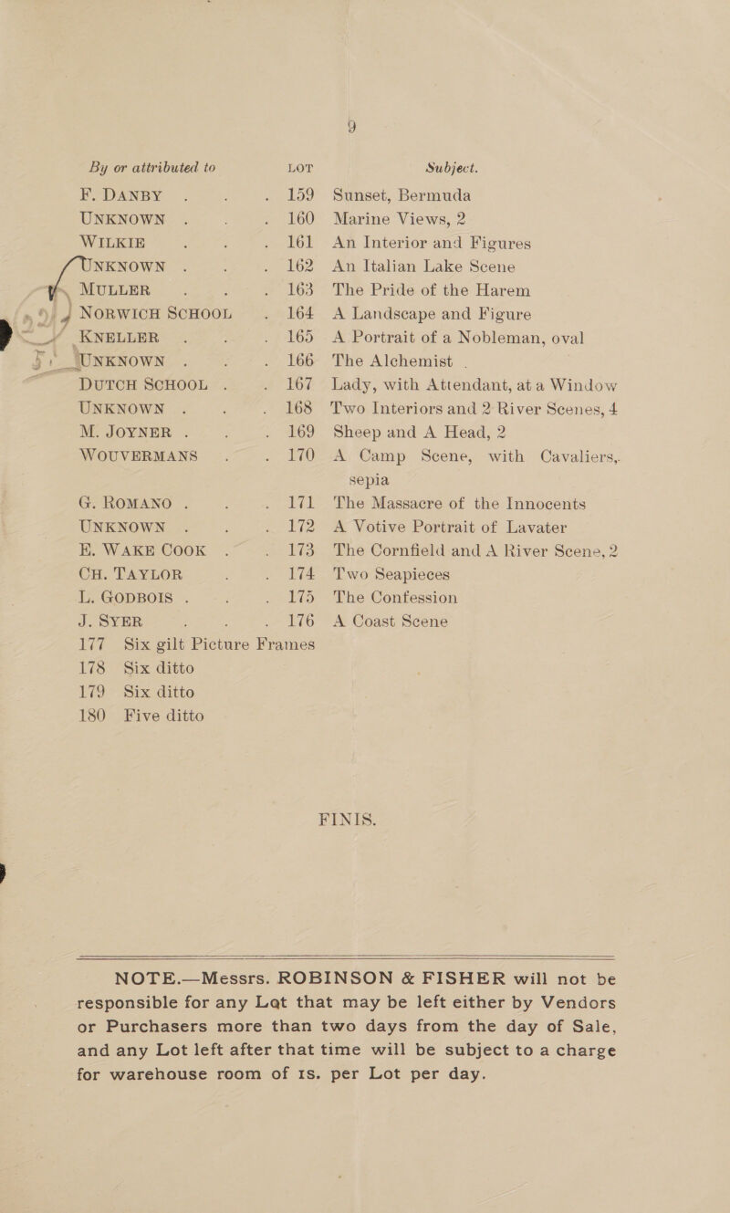 y) By or attributed to LOT Subject. ESDANBY . . 159 Sunset, Bermuda UNKNOWN . . 160 Marine Views, 2 WILKIE ; . 161 An Interior and Figures  NKNOWN . : . 162 An Italian Lake Scene f MULLER. . 163 The Pride of the Harem » # id NORWICH SCHOOL . 164 A Landscape and Figure ] =e -KNELLER . : . 165 A Portrait of a Nobleman, oval 5; nxnown . . . 166 The Alchemist | | “ DutcH ScHOOL . . 167 Lady, with Attendant, at a Window UNKNOWN . . 168 Two Interiors and 2 River Scenes, 4 M. JOYNER . : . 169 Sheep and A Head, 2 WOUVERMANS . . 170 A Camp Scene, with Cavaliers, sepia G. ROMANO . . lvl The Massacre of the Innocents UNKNOWN . . 172 &lt;A Votive Portrait of Lavater EK. WAKE COOK . . 173 The Cornfield and A River Scene, 2 CH. TAYLOR . 174 Two Seapieces L. GODBOIS . . 175 The Confession J. SYER ; 176 A Coast Scene 177 ~—~‘Six gilt Picture Frames 178 Six ditto 179 Six ditto 180 Five ditto FINIS.    NOTE.—Messrs. ROBINSON &amp; FISHER will not be responsible for any Lat that may be left either by Vendors or Purchasers more than two days from the day of Sale, and any Lot left after that time will be subject to a charge for warehouse room of 1s. per Lot per day.