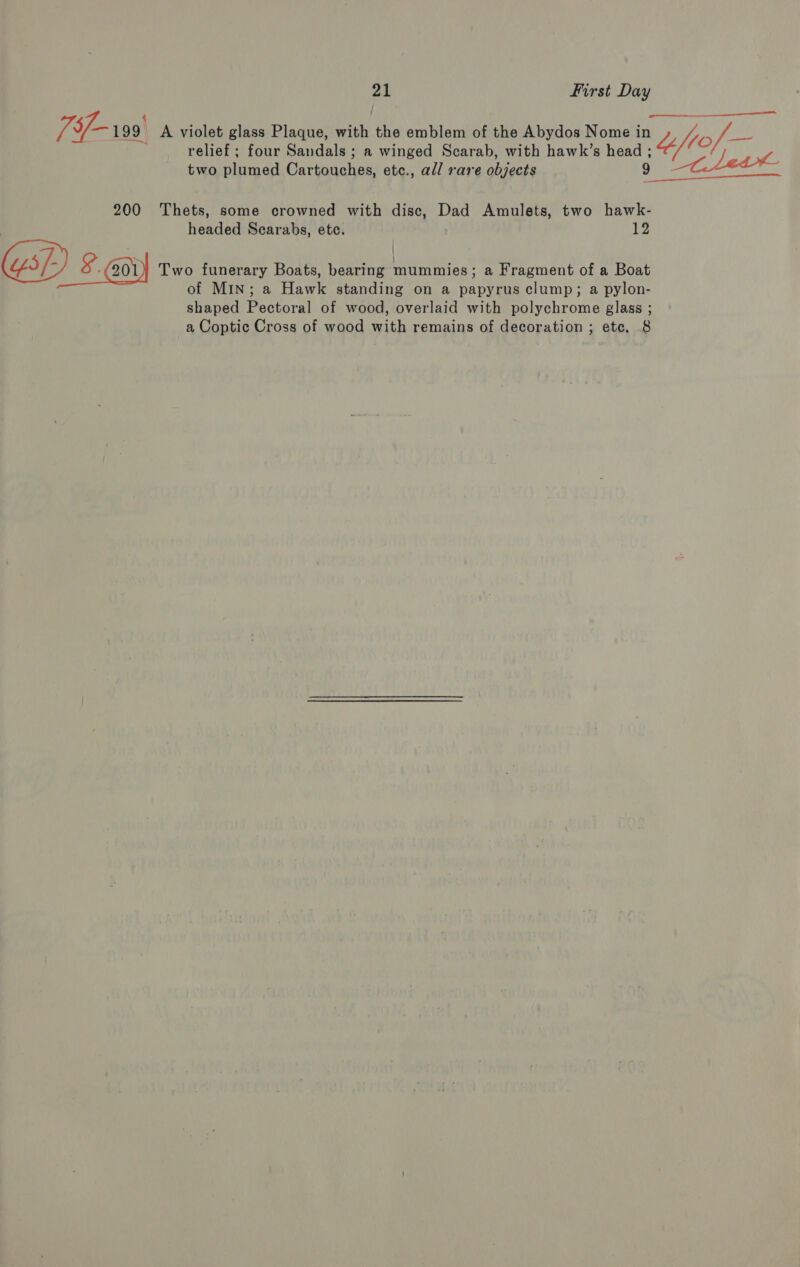  79f- 199 A violet glass Plaque, with the emblem of the Abydos Nome in le Sake relief ; four Sandals ; a winged Scarab, with hawk’s Ad two plumed Cartouches, etc., all rare objects   200 Thets, some crowned with disc, Dad Amulets, two hawk- headed Scarabs, ete. 12 (sf) §.@0i | Two funerary Boats, bearing mummies ; a Fragment of a Boat of MIN; a Hawk standing on a papyrus clump; a pylon- shaped Pectoral of wood, overlaid with polychrome glass ;