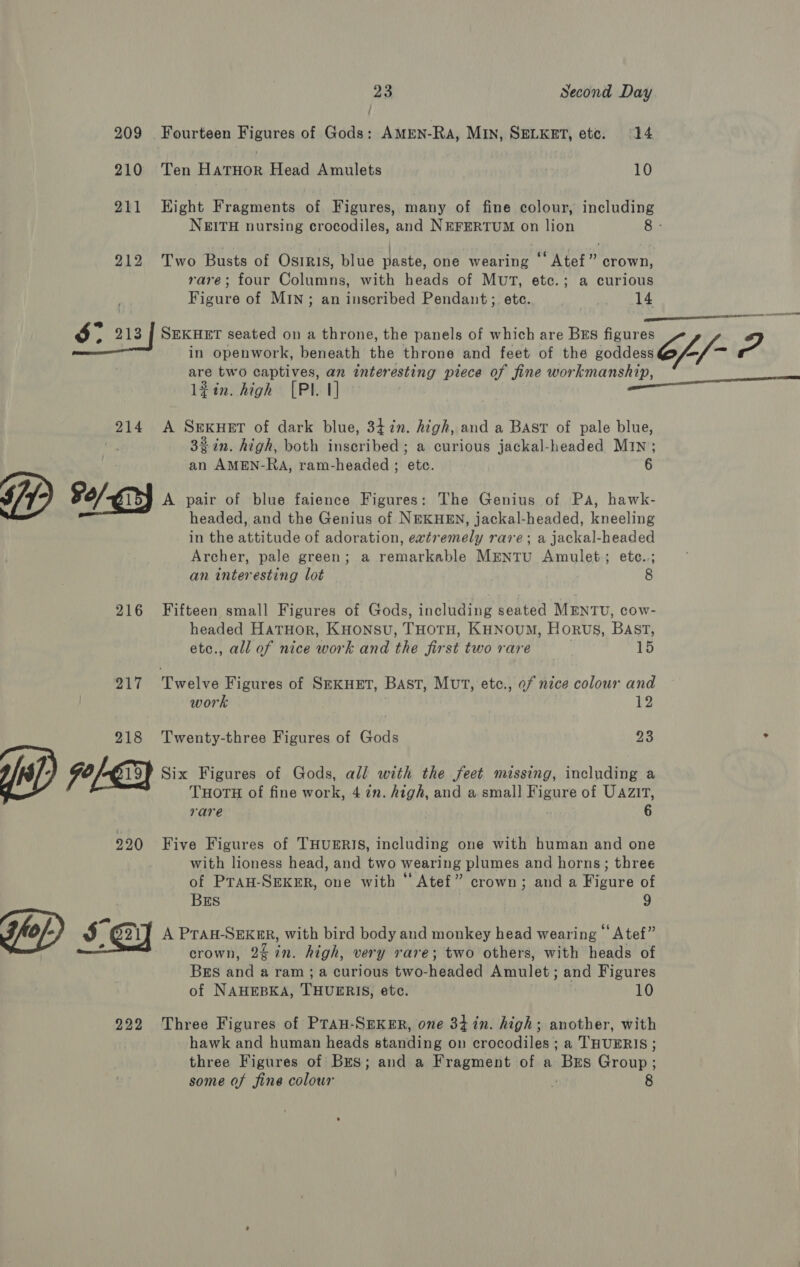 209 Fourteen Figures of Gods: AMEN-Ra, MIN, SELKRT, etc. 14 210 Ten HatHor Head Amulets | 10 211 Hight Fragments of Figures, many of fine colour, including NEITH nursing crocodiles, and NEFERTUM on lion 8 - . / ; t 4 212 Two Busts of Osiris, blue paste, one wearing “‘ Atef” crown, rare; four Columns, with heads of MutT, etc.; a curious Figure of MIN; an inscribed Pendant ;. etc. 14 $° OVS | SEKHET seated on a throne, the panels of which are BEs figures in openwork, beneath the throne and feet of the goddess /A/— o | are two captives, an interesting piece of fine workmanship, 12%in. high [PI 1] pe at a  214 A Sexuet of dark blue, 347m. high, and a Bast of pale blue, 33 in. high, both inscribed; a curious jackal-headed Min; an AMEN-RA, ram-headed ; etc. 6 G7) ¥4/-g75) A pair of blue faience Figures: The Genius of Pa, hawk- headed, and the Genius of NEKHEN, jackal-headed, kneeling in the attitude of adoration, extremely rare; a jackal-headed Archer, pale green; a remarkable MENTU Amulet; etc.,; an interesting lot 8 216 Fifteen small Figures of Gods, including seated MENTU, cow- headed HatTHor, KHonsu, THoTH, KHNouM, H ORUS, BAST, etc., all of nice work and the first two rare 15 217 Twelve Figures of SrKkuHeET, Bast, Mut, etc., of nice colour and work 12 218 Twenty-three Figures of Gods 23 ° [x . Vid 619% Six Figures of Gods, all with the feet missing, including a : TuHOTH of fine work, 4 7in. high, and a small Figure of Uazir, rare | 6 220 Five Figures of THUBERIS, including one with human and one with lioness head, and two wearing plumes and horns; three of Prau-SEKER, one with ‘ Atef” crown; and a Figure of BES 9 go}) S Gy A PTAH-SEKER, with bird body and monkey head wearing “ Atef” crown, 2g in. high, very rare; two others, with heads of Bgs and a ram; a curious two-headed Amulet; and Figures of NAHEBKA, THUERIS, etc. . 10 922 Three Figures of PTAH-SEKER, one 34%n. high; another, with hawk and human heads standing on crocodiles ; a THUERIS ; three Figures of Bes; and a Fragment of a Brs Group; some of fine colour ;