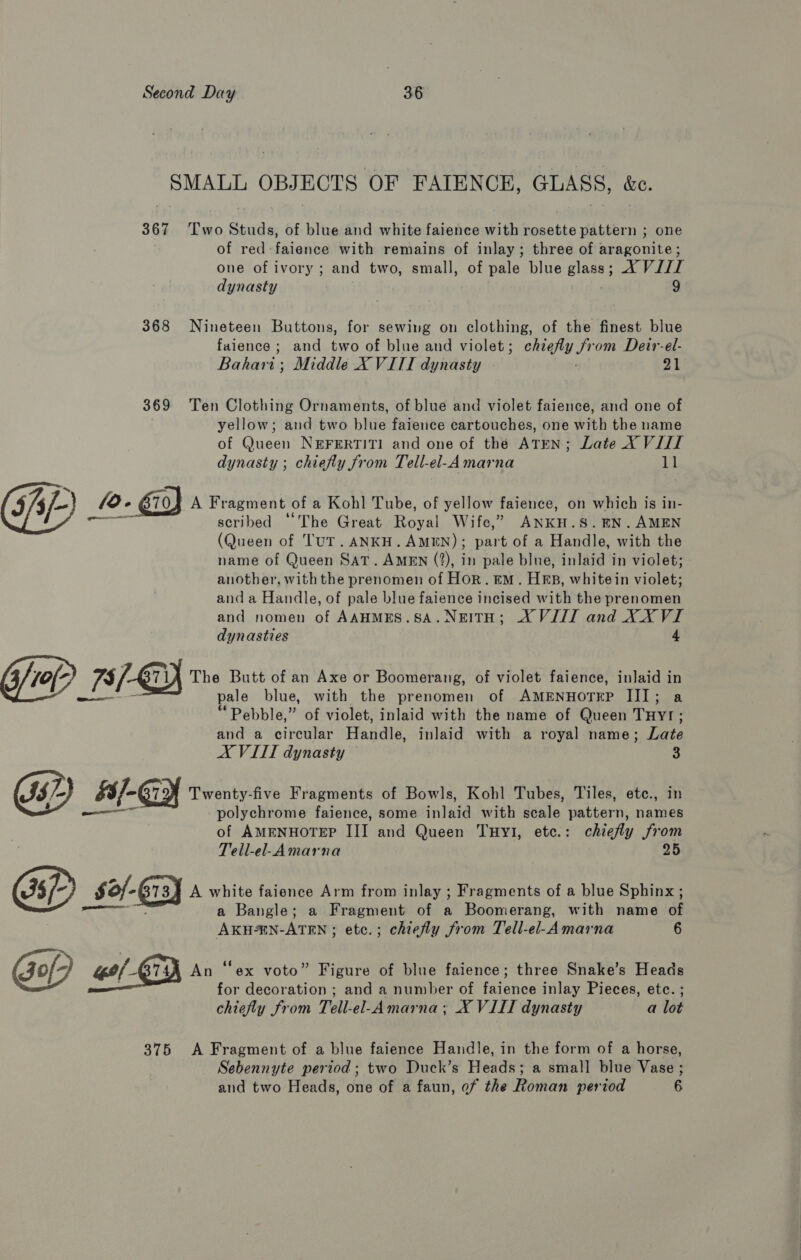 SMALL OBJECTS OF FAIENCE, GLASS, &amp;c. 367 Two Studs, of blue and white faience with rosette pattern ; one of red:faience with remains of inlay; three of aragonite; one of ivory ; and two, small, of pale blue glass; XVIII dynasty : 9 368 Nineteen Buttons, for sewing on clothing, of the finest blue faience ; and two of blue and violet; chiefly from Deir-el- Bahari; Middle X VIII dynasty rt 369 Ten Clothing Ornaments, of blue and violet faience, and one of yellow; and two blue faience cartouches, one with the name of Queen NEFERTITI and one of the ATEN; Late X VIII dynasty ; chiefly from Tell-el-A marna 11 OF A Fragment of a Kohl Tube, of yellow faience, on which is in- scribed ‘The Great Royal Wife,” ANKH.S.EN.AMEN (Queen of TUT. ANKH.AMEN); part of a Handle, with the name of Queen SAT. AMEN (2), in pale blue, inlaid in violet; another, with the prenomen of Hor. &amp;M. HEp, white in violet; and a Handle, of pale blue faience incised with the prenomen and nomen of AAHMES.SA.NEITH; A VIII and XX VI dynasties 4 “Pebble,” of violet, inlaid with the name of Queen THYT ; : and a circular Handle, inlaid with a royal name; Late A VIII dynasty 3 3 polychrome faience, some inlaid with séale pattern, names of AMENHOTEP III and Queen Tuy1, etc.: chiefly from Tell-el-Amarna 25 a Bangle; a Fragment of a Boomerang, with name of AKHN-ATEN ; etc.; chiefly from Tell-el-Amarna 6 chiefly from Tell-el-Amarna ; X VIII dynasty a lot 375 A Fragment of a blue faience Handle, in the form of a horse, Sebennyte period; two Duck’s Heads; a small blue Vase ; and two Heads, one of a faun, of the Roman period 6