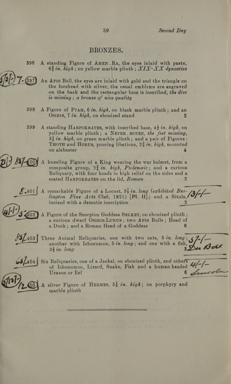 BRONZES. 396 A aitie Figure of AMEN. RA, the eyes inlaid with paste, tin. high; on yellow marble lint: AIX-X X dynasties ff ap 7 397} An Apis Bull, the eyes are inlaid with gold and the triangle on the forehead with silver, the usual emblems are engraved on the back and the pasta needs base is inscribed, the disc is missing ; a bronze of nice quality 398 A Figure of Pran, 6 in. high, on black marble plinth; and an OsIRIS, 7 in. high, on ebonized stand 2 399 A standing HARPOKRATES, with inscribed base, 432m. high, on yellow marble plinth; a NEFER.HOTEP, the feet missing, 34 in. high, on green marble plinth; and a pair of Figures: THOTH and Horwvs, pouring libations, 23 in. high, mounted on alabaster 4 Re; 2 &amp;/- £00) A kneeling Figure of a King wearing the war helmet, from a -_— composite group, 22%n. high, Ptolemaic; and a curious Reliquary, with four heads in high relief on the sides and a seated HARPOKRATES on the lid, Roman 2 § 2401 A remarkable Figure of a Locust, 347. long (exhibited hice OA satel lington Fine Arts Club, 1921) [Pl. HW]; and a mao incised with a demotic inscription - sy A Figure of the Scorpion Goddess SELKET, on ebonized plinth ; a curious dwarf Osrris-LUNUS; two Apts Bulls ; Head of a Duck; and a Roman Head of a Goddess 6. Sfs03 Three Animal Reliquaries, one with two cats, 5 7n. long; 5 Je another with Ichneumon, 52n. long; and one with a fab, 3% in. long ell — as 65/404 Six Reliquaries, one of a Jackal, on ebonized plinth, and others | TS a of Ichneumon, Lizard, Snake, Fish and a human-headed Mf, it Uraeus or Eel 6 - ro Conm- A silver Figure of Hermes, 54 in. high; on porphyry and marble plinth
