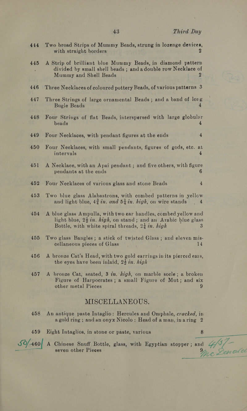 444 445 446 447 448 449 450 451 452 453 454 455 456 457 458 459 SY/-60 43 i Third Day Two broad Strips of Mummy Beads, strung in lozenge devices, with straight borders 2 A Strip of brilliant blue Mummy Beads, in diamond pattern divided by small shell beads ; and adouble row Necklace of Mummy and Shell Beads y) Three Necklaces of coloured pottery Beads, of various patterns 3 Three Strings of large ornamental Beads; and a band of long Bugle Beads 4 Four Strings of flat Beads, interspersed with large globular beads 4 Four Necklaces, with pendant figures at the ends 4 Four Necklaces, with small pendants, figures of gods, etc. at intervals 4 A Necklace, with an Apai pendant ; and five others, with figure pendants at the ends 6 Four Necklaces of various glass and stone Beads 4 Two blue glass Alabastrons, with combed patterns in yellow and light blue, 4% 2. and 54in. high, on wire stands 4 A blue glass Ampulla, with two ear handles, combed yellow and light blue, 24 in. high, on stand; and an Arabic blue glass Bottle, with white spiral Piceads, Qt in. high 3 Two glass Bangles; a stick of twisted Glass ; and eleven mis- cellaneous pieces of Glass 14 A bronze Cat’s Head, with two gold earrings in its pierced ears, the eyes have been inlaid, 24 in. high A bronze Cat, seated, 3 im. Aigh, on marble socle; a broken Figure of Harpocrates ; a small Figure of Mut; and six other metal Pieces 9 MISCELLANEOUS. An antique paste Intaglio: Hercules and Omphale, cracked, in a gold ring ; andan onyx Nicolo: Head of aman. inaring 2 Kight Intaglios, in stone or paste, various 8  A Chinese Snuff Bottle, glass, with Egyptian stopper; and seven other Pieces aenenennnnen 45 57