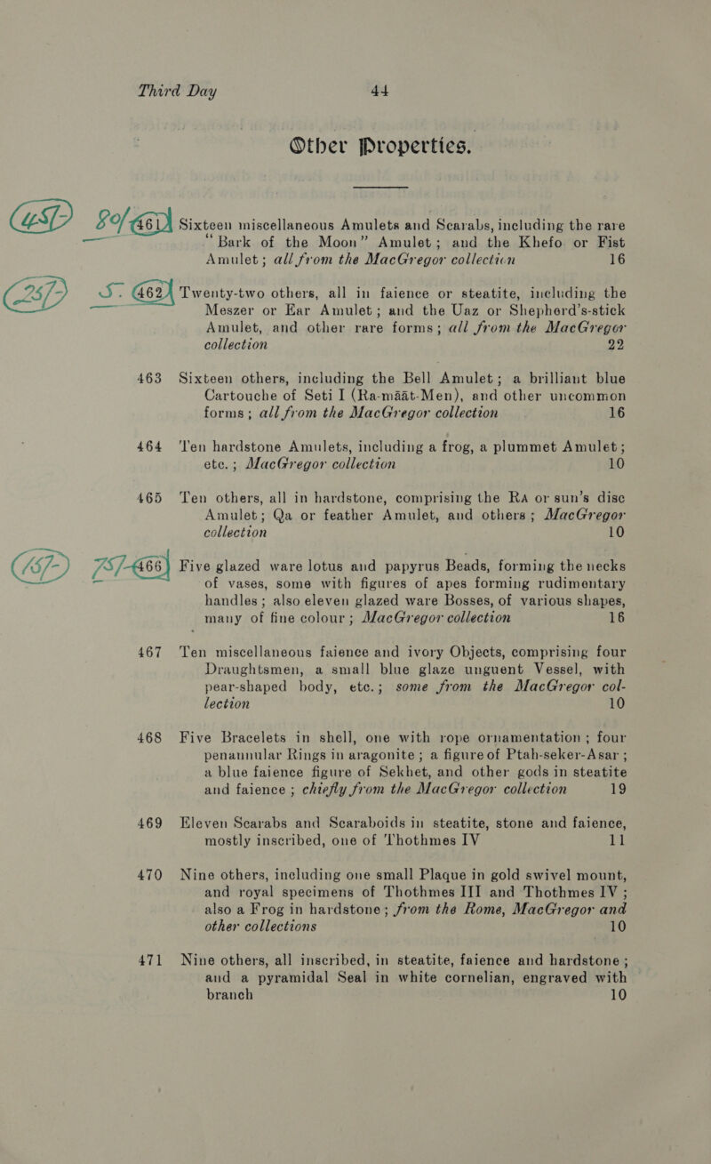 Other Properties, 457 - “Bark of the Moon” Amulet; and the Khefo. or Fist PA TAIEE? all from the MacGregor collection 16 JS. G62) Twenty. two others, all in faience or steatite, including the Meszer or Ear Amulet; and the Uaz or Shepherd’s-stick Amulet, and other age forms; all from the MacGregor collection 22 463 Sixteen others, including the Bell Amulet; a brilliant blue Cartouche of Seti I (Ra-maat-Men), nat other uncommon forms; all from the MacGregor collection 16 464 ‘Ten hardstone Amulets, including a frog, a plummet Amulet; ete.; MacGregor collection 10 465 Ten others, all in hardstone, comprising the Ra or sun’s disc Amulet; Qa or feather Amulet, and others; MacGregor collection 10 757-468} Five glazed ware lotus aid papyrus Beads, forming the necks a of vases, some with figures of apes forming rudimentary handles ; also eleven glazed ware Bosses, of various shapes, many of fine colour; MacGregor collection 16 467 Ten miscellaneous faience and ivory Objects, comprising four Draughtsmen, a small blue glaze unguent Vessel, with pear-shaped body, etc.; some from the MacGregor col- lection 10 468 Five Bracelets in shell, one with rope ornamentation ; four penannular Rings in aragonite; a figureof Ptah-seker-Asar ; a blue faience figure of Sekhet, and other gods in steatite and faience ; chiefly from the MacGregor collection 19 469 Eleven Scarabs and Scaraboids in steatite, stone and faience, mostly inscribed, one of Thothmes IV 11 470 Nine others, including one small Plaque in gold swivel mount, and royal specimens of Thothmes III and Thothmes IV ; also a Frog in hardstone; from the Rome, MacGregor and other collections 10 471 Nine others, all inscribed, in steatite, faience and hardstone ; aud a pyramidal Seal in white cornelian, engraved with branch 10