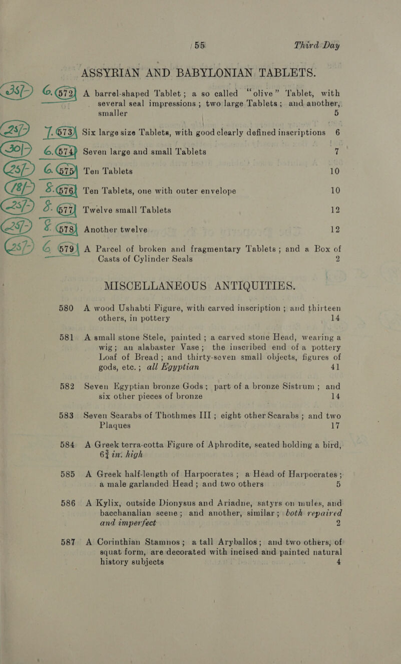 ASSYRIAN AND BABYLONIAN TABLETS. A barrel-shaped Tablet; a so called “olive” Tablet, with several seal impressions; two large Tablets; and another,. smaller | 5 &amp;) gi eS Six large size Tablets, with good clearly defined inscriptions 6 (574) Seven large and small Tablets 7 5 Ten Tablets 10 Ten Tablets, one with outer envelope 10 Twelve small Tablets 12 Another twelve 12 SESS e288 SS SN | @ iS ) 79 A Parcel of broken and fragmentary Tablets; and a Box of — Casts of Cylinder Seals 2 MISCELLANEOUS ANTIQUITIES. 580 &lt;A wood Ushabti Figure, with carved inscription ; and thirteen others, in pottery 14 581 A small stone Stele, painted ; a carved stone Head, wearing a wig; an alabaster Vase; the inscribed end of a pottery Loaf of Bread; and thirty-seven small objects, figures of gods, etc.; all Egyptian 4] 582 Seven Egyptian bronze Gods; part of a bronze Sistrum ; and six other pieces of bronze 14 583 Seven Scarabs of Thothmes III; eight other Scarabs ; and two Plaques 17 584 A Greek terra-cotta Figure of Aphrodite, seated holding a bird, 6% im high 585 &lt;A Greek half-length of Harpocrates; a Head of Harpocrates ; a male garlanded Head ; and two others 5 586 &lt;A Kylix, outside Dionysus and Ariadne, satyrs on mules, and bacchanalian scene; and another, similar; loth repaired and imperfect 2 587 A Corinthian Stamnos; a tall Aryballos; and two others, of squat form, are decorated with incised and painted natural history subjects Py . i 4