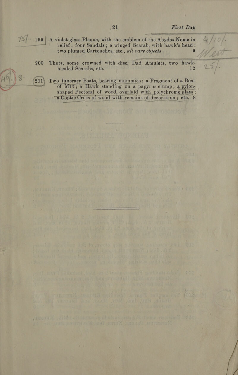 val ease Hew Necutejtor, mantel wer rf ‘S| - 199 | A violet glass Plaque, with the emblem of the Wieded a in Lenn relief ; four Sandals ; a winged Scarab, with hawk’s head ; two plied Girtaushes etc., all rare objects 9 200 Thets, some crowned with disc, Dad Amulets, two hawk- Pan headed Scarabs, ete. | 12 rib] |} yy SEM | y A as (201) Two funerary Boats, bearing mummies; a Fragment of a Boat ae Nes “of MIN; a Hawi standing on a papyrus clump; a pylon- shaped Pectoral of wood, overlaid with polychrome glass ; “a Coptic Cross of wood eh remains of decoration ; i ete. 8 Renesas