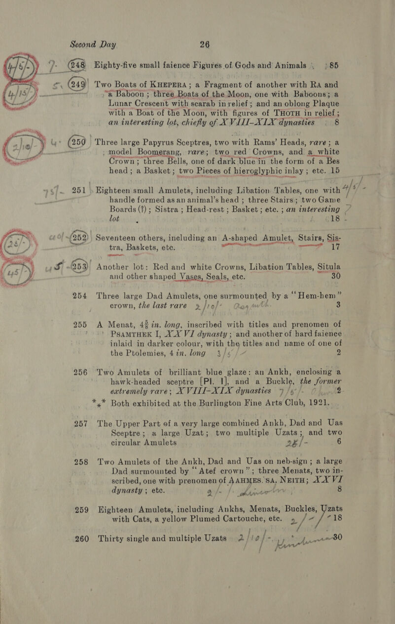 Highty-five small faience Figures of. Gods and Animals , :85 Two Boats of KHEPERA ; a Fragment of another with RA and “a Baboon ; three Boats of the Moon, one with Baboons; a Lunar Crescent with scarab in relief; and an oblong Plaque with a Boat of the Moon, with Grirce of THOTH in relief ; an interesting lot, hie of XVITI-XIX dynasties 8  ly: (250 Three large Papyrus Sceptres, two with Rams’ Heads, rare; a “ee ; model Boomerang, rare; two red Crowns, and ay white Crown; three “Bells, one oe dark blue in the form of a Bes head; a Basket; two Pieces of hieroglyphic AN ete. 15  , - 251 Rightéen sinall Amulets, including Libation. Tables, one Saf? 4) sf. handle formed as an ee head ; three Stairs; twoGame — Boards (?) ; Sistra ; Head-rest ; Reeeece etc. ; an interesting v4 lot : y abt oml) | A RE Bes (A . pee tr, F 4 (2 2) Seventeen others, dal aeinie an A- A-shaped Amulet, Stairs, Sis- (Oy - ef tra, Baskets, etc. “pes nent 17 f cPND ta) 253) Another lot: Red and white Crowns, Libation Tables, Situla a yi and other shaped_ Vases, Seals, etc. 30 254 Three large Dad Amulets, one surmounted by a ‘Hem-hem” crown, the last rare 2 |r of! Rag Ath. 3 255 A Menat, 42 7n. long, inscribed with titles and prenomen of ’ PsamTuexk [, XX VJ dynasty ; and another of hard faience inlaid in darker colour, with the titles and name of one of the Ptolemies, 422. long 3/5 i, 2 256 Two Amulets of brilliant is glaze: an Ankh, enclosing a hawk-headed sceptre [PlI. 1], and a Buckle, the Sormer extremely rare; X VILTI- CTX: dynasties 7 /s°/- re *.* Both exhibited at the Burlington Fine Arts Club, 1921. 257 The Upper Part of a very large combined Ankh, Dad and Uas Sceptre; a large Uzat; two multiple Uzats; and two circular Amulets 28 /- 6 258 Two Amulets of the Ankh, Dad and Uas on neb-sign ; a large | - Dad surmounted by ‘‘ Atef crown”; three Menats, two in- scribed, one with prenomen « of AAHMES, ‘SA. ol BLE AA VI dynasty ; etc. ails fi hirer, 8 259 LHighteen Amulets, including Ankhs, Menats, Buckles, ‘zats with Cats, a yellow Plumed Cartouche, etc. 2/- Af C18 260 Thirty single and multiple Uzats 2 lg } = achasitoey ee BO | kaw