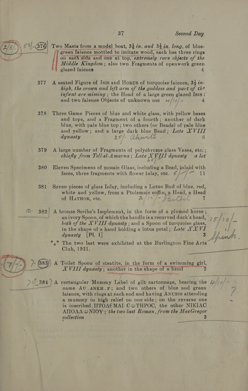  ail green faience mottled to imitate wood, each has three rings on each side and one at top, eaér aly rare objects of the Middle Kingdom; also two Fragments of openwork green glazed faience 4,  377 A seated Figure of Ists and Horus of turquoise faience, 34 in- high, the crown and left arm of the goddess and part of thé infant are missing ; the Head of a large green glazed Isis 5 and two faience Objects of unknown use «¢//¢/~ 4 378 Three Game Pieces of blue and white glass, with yellow bases and tops, and a Fragment of a fourth; another of dark blue, with pale blue top; two others (or Beads) of pale blue and yellow; and a large dark blue Bead; Late X VIII dynasty Z29/- Uteywwr YY 8 379 A large number of Fragments of polychrome glass Vases, etc. ; chiefly from Tell-el-Amarna; Late X VIII dynasty a lot a Ff 380 Eleven Specimens of mosaic Glass, including a Bead, inlaid with faces, three fragments with flower inlay, ete. ¢//~ 11 381 Seven pieces of glass Inlay, including a Lotus Bud of blue, red, white and yellow, from a Ptolemaic coffin, a Heal, a Hoan of HATHOR, etc. Asi Aautprr 7 382 A bronze Scribe’s Implement, in the form of a plumed horse ; both of the X VIII dynasty ; and a Spoon of turquoise Widen in the shape of a hand holding a lotus petal; Late XXVI dynasty [PI. 1] 3 *,* The two last were exhibited at the Baciaeeon Fine Arts” Club, 1921. cone IO OT XVIII dynasty ; another j in 1 the shape of 1 a hand ait gO ry — name AU.ANKH.F; and two others of blue and green faience, with rings at each end and having ANUBIS attending a mummy in high relief on one side; on the reverse one is inscribed. IITOA€ MAI COTHPOC, the other NIKIAC ATIOAA oD NIOY:-; the two last Roman, from the MacGregor collection 3  / ee os