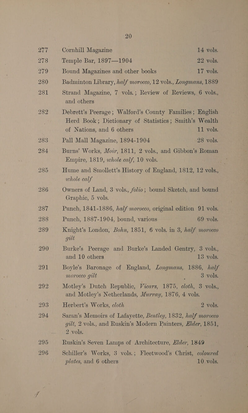 Cornhill Magazine 14 vols. Temple Bar, 1897—1904 22 vols. Bound Magazines and other books 17 vols. Badminton Library, half morocco, 12 vols., Longmans, 1889 Strand Magazine, 7 vols.; Review of Reviews, 6 vols., and others Debrett’s Peerage; Walford’s County Families; English Herd Book; Dictionary of Statistics; Smith’s Wealth of Nations, and 6 others 11 vols. Pall Mall Magazine, 1894-1904 28 vols. Burns’ Works, Moir, 1811, 2 vols., and Gibbon’s Roman Empire, 1819, whole calf, 10 vols. “ Hume and Smollett’s History of England, 1812, 12 vols., whole calf Owners of Land, 3 vols., folio; bound Sketch, and bound Graphic, 5 vols. Punch, 1841-1886, half morocco, original edition 91 vols. Punch, 1887-1904, bound, various 69 vols. Knight’s London; Bohn, 1851, 6 vols. in 3, half morocco gut Burke’s Peerage and Burke’s Landed Gentry, 3 vols., and 10 others 13 vols. Boyle’s Baronage of England, Longmans, 1886, half morocco gilt : 3 vols. Motley’s Dutch Republic, Vicars, 1875, cloth, 3 vols., and Motley’s Netherlands, Murray, 1876, 4 vols. Herbert’s Works, cloth 2 vols. Saran’s Memoirs of Lafayette, Bentley, 1832, half morocco gut, 2 vols., and Ruskin’s Modern Painters, H/der, 1851, 2 vols. ; Ruskin’s Seven Lamps of Architecture, Hider, 1849 Schiller’s Works, 3 vols.; Fleetwood’s Christ, coloured plates, and 6 others 10 vols.