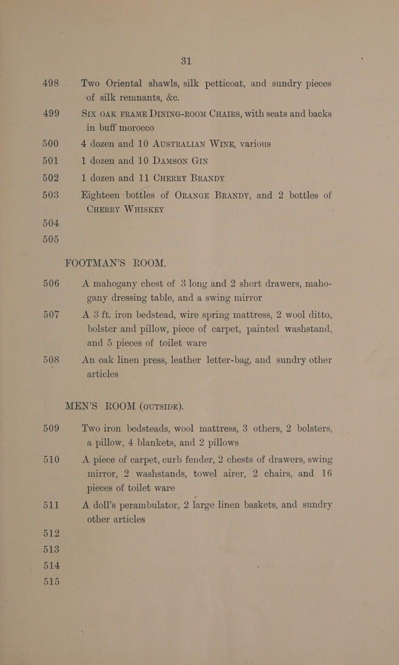 498 499 500 501 502 5035 504 505 506 507 ol Two Oriental shawls, silk petticoat, and sundry pieces of silk remnants, &amp;c. SIX OAK FRAME DINING-ROOM CHAIRS, with seats and backs in buff morocco 4 dozen and 10 AUSTRALIAN WINE, various 1 dozen and 10 DAmson GIN 1 dozen and 11 CHERRY BRANDY Eighteen bottles of ORANGE BRANDY, and 2 bottles of CHERRY WHISKEY A mahogany chest of 3 long and 2 short drawers, maho- gany dressing table, and a swing mirror A 35 it. iron bedstead, wire spring mattress, 2 wool ditto, bolster and pillow, piece of carpet, painted washstand, and 5 pieces of toilet ware An oak linen press, leather letter-bag, and sundry other articles Two iron bedsteads, wool mattress, 3 others, 2 bolsters, a pillow, 4 blankets, and 2 pillows A piece of carpet, curb fender, 2 chests of drawers, swing mirror, 2 washstands, towel airer, 2 chairs, and 16 pieces of toilet ware A doll’s perambulator, 2 large linen baskets, and sundry other articles