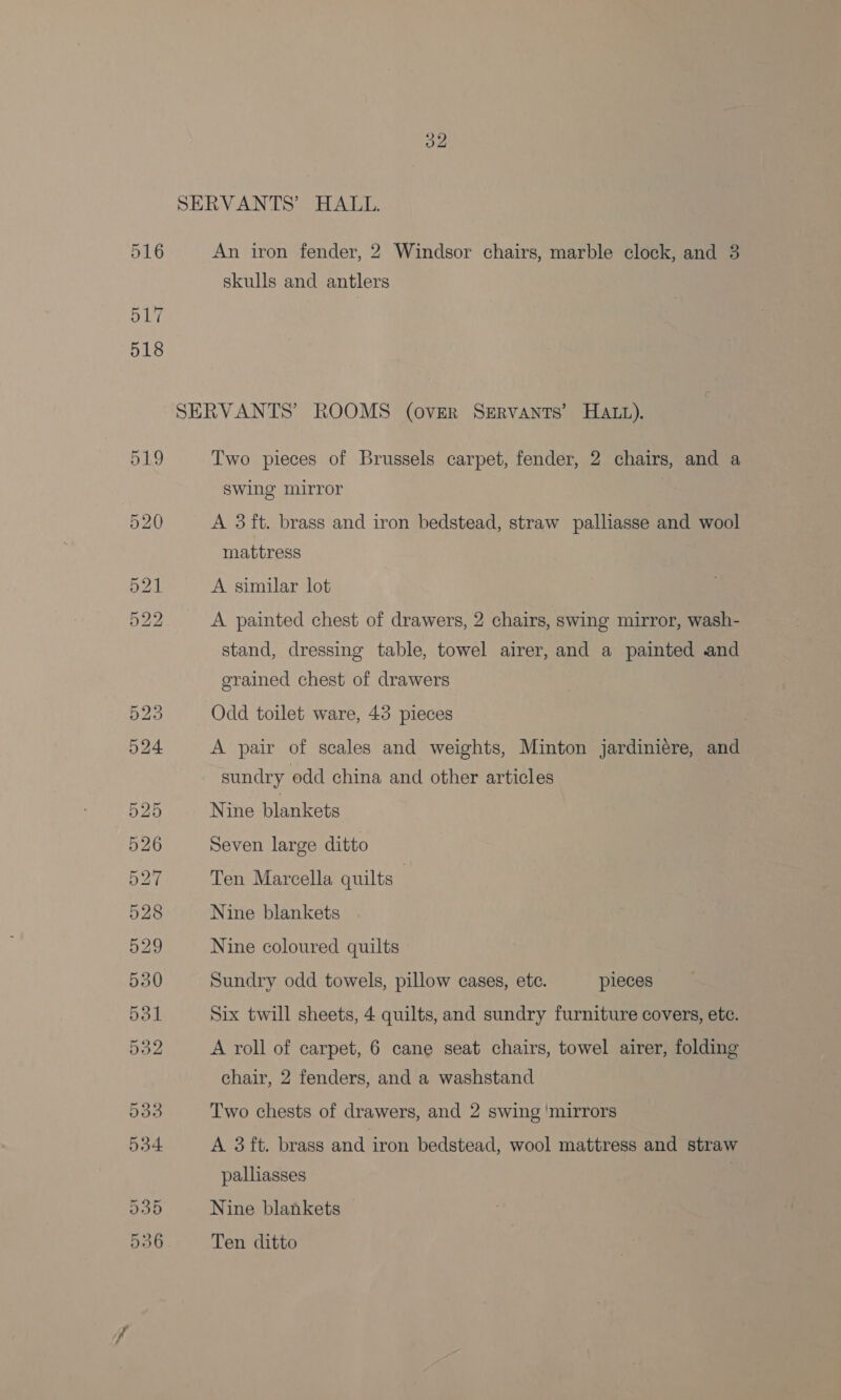 SERVANTS’ HALL. An iron fender, 2 Windsor chairs, marble clock, and 3 skulls and antlers SERVANTS’ ROOMS (over Servants’ HALL). Two pieces of Brussels carpet, fender, 2 chairs, and a swing mirror A 3 ft. brass and iron bedstead, straw palliasse and wool mattress A similar lot A painted chest of drawers, 2 chairs, swing mirror, wash- stand, dressing table, towel airer, and a painted and grained chest of drawers Odd toilet ware, 43 pieces A pair of scales and weights, Minton jardiniere, and sundry odd china and other articles Nine blankets Seven large ditto Ten Marcella quilts | Nine blankets Nine coloured quilts Sundry odd towels, pillow cases, ete. pieces Six twill sheets, 4 quilts, and sundry furniture covers, etc. A roll of carpet, 6 cane seat chairs, towel airer, folding chair, 2 fenders, and a washstand Two chests of drawers, and 2 swing ‘mirrors A 3ft. brass and iron bedstead, wool mattress and straw palliasses | Nine blankets Ten ditto