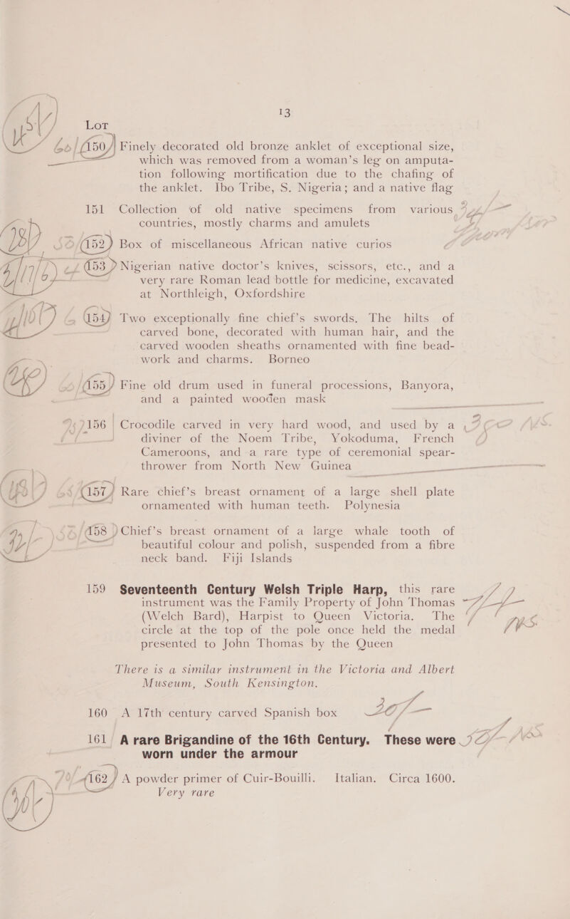 A /\)) us VP f Lor ra 6olL 50) Finely decorated old bronze anklet of exceptional size, eo which was removed from a woman’s leg on amputa- tion following mortification due to the chafing of the anklet. Ibo Tribe, S. Nigeria; and a native flag 151 Collection ‘of old native specimens from various 7 aa Fa, countries, mostly charms and amulets ye; 50/1152) Box of miscellaneous African native curios (53 D Nigerian native doctor’s knives, scissors, etc., and a very rare Roman lead bottle for medicine, excavated at Northleigh, Oxfordshire ' O59 Two exceptionally fine chief’s swords. The hilts of carved bone, decorated with human hair, and the carved wooden sheaths ornamented with fine bead- ~~ work and charms. Borneo A} (7 ) KE } a). C¥ a (155, Fine old drum used in funeral processions, Banyora, and a painted wooden mask  ©&lt;7156 | Crocodile carved in very hard wood, and used by a ; | diviner of the Noem Tribe, Yokoduma, French Cameroons, and a rare type of ceremonial spear- thrower from North New Guinea ; ee Pe i” a : ro (157) Rare chief’s breast ornament of a large shell plate — ornamented with human teeth. Polynesia / 7 58 ) Chief’s breast ornament of a large whale tooth of d)/- oa — beautiful colour and polish, suspended from a fibre neck band. Fiji Islands instrument was the Family Property of John Thomas ~/7/ 159 Seventeenth Century Welsh Triple Harp, this rare a VY, fe (Welch Bard), Harpist to Queen Victoria. The ‘/ presented to John Thomas by the Queen There is a similar instrument in the Victoria and Albert Museum, South Kensington. 160 &lt;A 1%th century carved Spanish box 397 a , 161 Arare Brigandine of the 16th Century. Thess wore eat worn under the armour (62) A powder primer of Cuir-Bouilli. Italian. Circa 1600. Very rare 