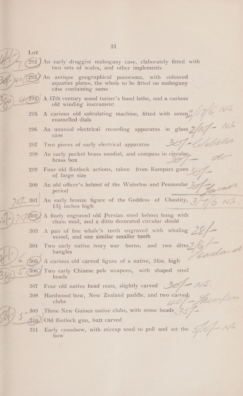 —_— case containing same 2 ») £429) A 17th century wood turner’s hand lathe, and a curious | oat old winding instrument ae ge /27 295 A curious old calculating machine, fitted with seven, Z/f f enamelled dials oe 296 An unusual electrical recording apparatus in glass Dib 7- a case ac ed 4 of 297 Two pieces of early electrical apparatus CY Oo 298 An early pocket brass sundial, and compass in circular, brass box ae C 299 Four old flintlock actions, taken from Rampart guns S of large size ‘4 300 An old officer’s helmet of the Waterloo and Peninsular Jy period 4+ B= * ese 28 7. 301; An early bronze figure of the Goddéss wf Chastity, JZ Z —— Sot 134 inches high ta sf SS -) 7.602) A finely engraved old Persian steel helmet hung ait sb) chain mail, and a ditto decorated circular shield . 4 303 A pair of fine whale’s teeth engraved with whaling 4 20 vessel, and one similar smaller tooth He/ =, 304 Two early native ivory war horns, and two ditto? “&gt; ms i bangles tg th | Pam | . | mh ’ A curious old carved figure of a native, 24in, high . ORS § C067 Two early Chinese pole weapons, with shaped steel Er —— heads _ 307 Four old native head rests, slightly carved e, of — fi de 308 Hardwood bow, New Zealand paddle, and two carved Z clubs LLO f— y, YL /) _» 309 Three New Guinea native clubs, with stone header , ‘ fi ey. “2 Aigd) Old flintlock gun, butt carved  311 21 An early druggist mahogany case, elaborately fitted with two sets of scales, and other implements panorama, with coloured aquatint plates, the whole to be fitted on mahogany Early crossbow, with stirrup used to pull and set the bow