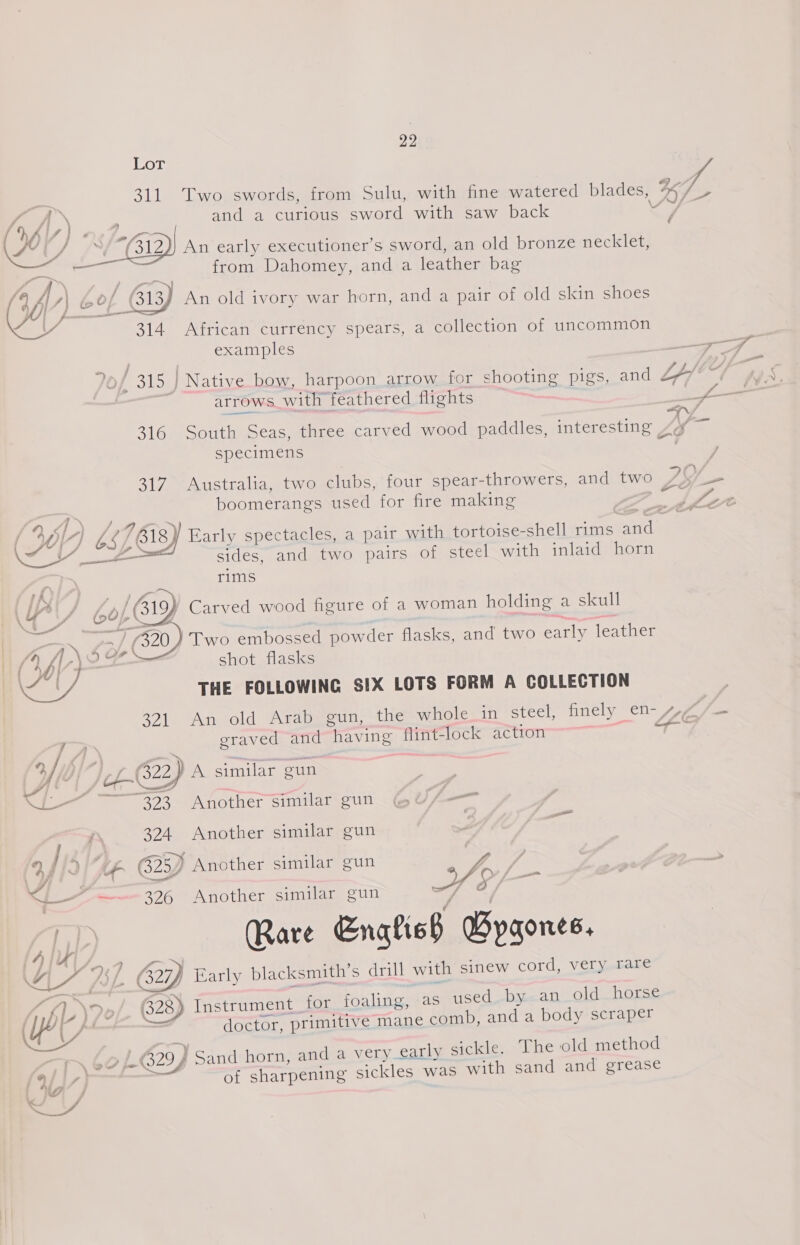 Md Lon 311 Two swords, from Sulu, with fine watered blades, af, and a curious eon with saw back WY, / OM): “G2 An early executioner’s sword, an old bronze necklet, from Dahomey, and a leather bag A | /\ 4 bb of 613) An old ivory war horn, and a pair of old skin shoes Le, te 314 African currency spears, a collection of uncommon examples &gt; 6 of slog) Native bow, harpoon arrow for shooting pigs, and Lf/ af ny arrows with feathered flights ft 316 South Seas, three carved wood paddles, interesting yoy ~ specimens va Mage 317 Australia, two clubs, four spear-throwers, and two Ps : a boomerangs used for fire making bf 2 At ’ &lt; + pas f Ot 7} Ls 77 7618) Early spectacles, a pair with tortoise-shell rims es SY AL sides, and two pairs of steel with inlaid horn 2 rims PAR zs Wi anes 60}, GY Carved wood figure of a woman holding a a eel  shot face THE FOLLOWING SIX LOTS FORM A COLLECTION 321 An old Arab gun, the whole_in steel, finely _ en- 4, graved and “having flint-lock action : a A a6) | Jef $22) A similar eun | te “252 Another similar gun  324 Another similar gun / a . 94/9 é 625) Another similar gun Ss / \F) - P y git Ch —— 326 Another similar gun a Rare Znalish Bygones. {ATL 7 4 73 a1 627) Early blacksmith’ s drill with sinew cord, very rare 4, eo) » ~ Instrument_for foaling, as used by an old horse an os doctor, primitive mane comb, and a body scraper L629) Sand horn, and a very_early sickle. The old method of sharpening sickles was with sand and grease