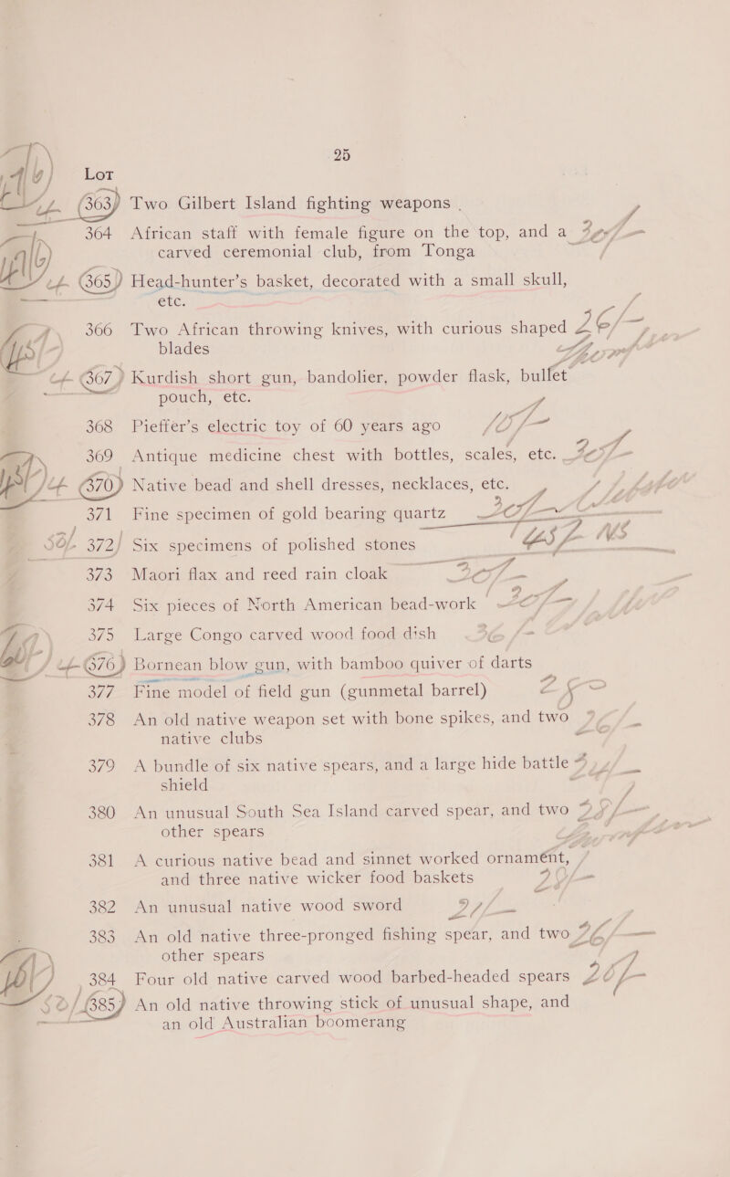 Ma | 4 er a (36 63) Two Gilbert Island fighting weapons | / — E 364 African staff with female figure on the top, and a $F som fale carved ceremonial club, from Tonga a yf ret G65) Head-hunter’s basket, decorated with a small skull, = Ste. ig ¥. 366 Two African throwing knives, with curious shaped 1¢/- a blades Lie oof ; + G67) Kurdish short gun, bandolier, powder flask, bulfet’ , powen, “etc. . 908° Pietter’s electric toy of 60 years ago fl fp / a 369 Antique medicine chest with bottles, scales, enc te sf— yl) ep 670) Native bead and shell dresses, necklaces, etc. = 5 ue lh 371 Fine specimen of gold bearing quartz “CZ &gt; j } ——— lr , 5 A y &gt; OO 372) Six specimens of polished stones Af : 373 Maori flax and reed rain cloak = _277%— 374. Six pieces of North American bead-work LO 4 1 375 Large Congo carved wood food dish G a, =f 676) Bornean blow gun, with bamboo quiver of darts 377. Fine model of field gun (gunmetal barrel) ae \ 378 An old native weapon set with bone spikes, and two . native clubs wi 379 A bundle of six native spears, and a large hide batt le © shield 380 An unusual South Sea Island carved spear, and two og other spears 381 A curious native bead and sinnet worked ornamént, and three native wicker food baskets Af 382 An unusual native wood sword pip pict 383 An old native free: pronged fishing spear, and two Vn cas other spears fA Four old native carved wood barbed-headed spears Z da  an old Australian boomerang