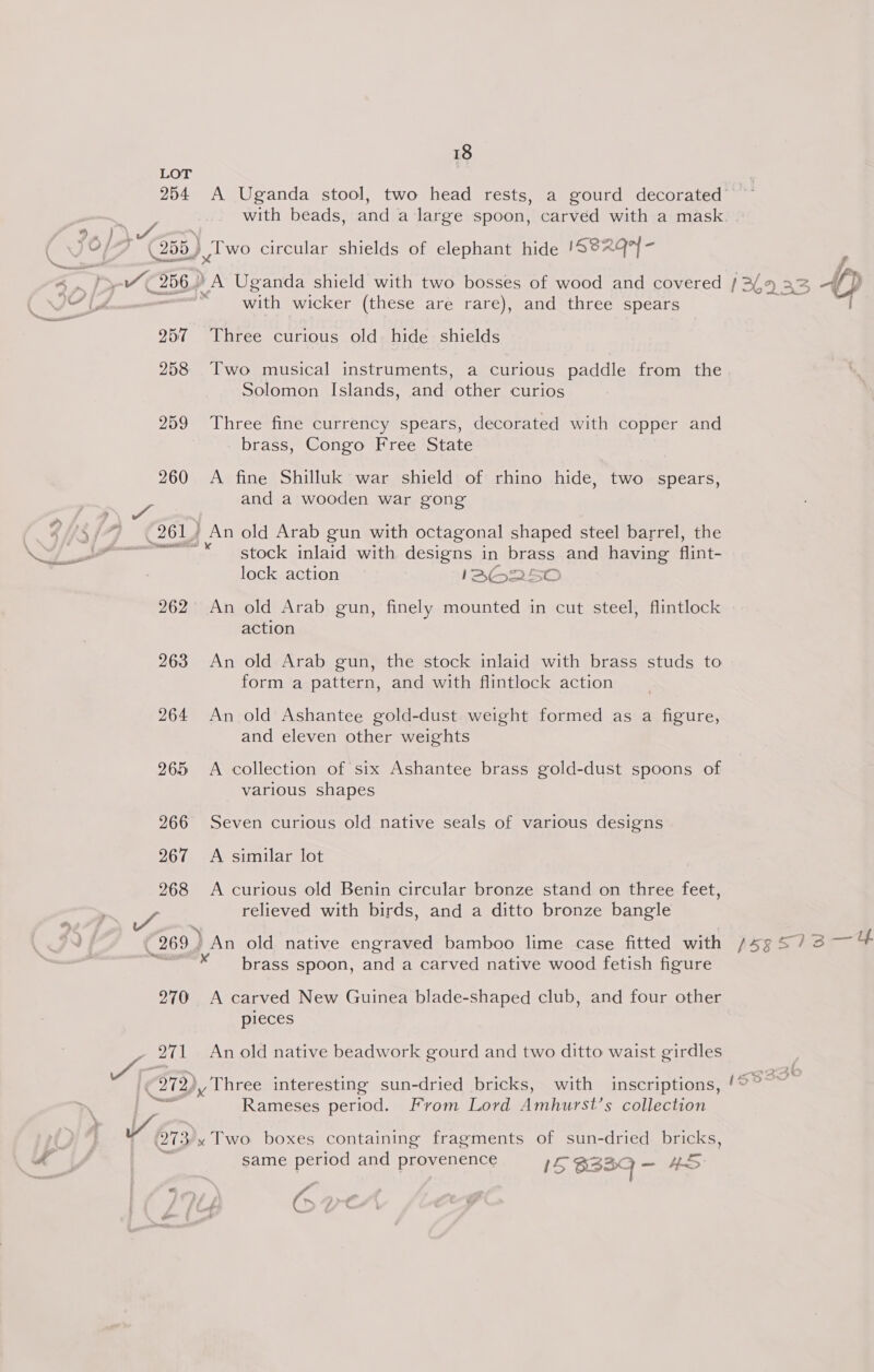 LOT 254 A Uganda stool, two head rests, with wicker (these are rare), and three spears 257 Three curious old hide shields 258 Two musical instruments, a curious paddle from the Solomon Islands, and other curios 259 Three fine currency spears, decorated with copper and brass, Congo Free State 260 &lt;A fine Shilluk war shield of rhino hide, two spears, and a wooden war gong “a ( 843/79 ©2614 An old Arab gun with octagonal shaped steel barrel, the oe) &gt; iy OD stock inlaid with designs in brass and having flint- lock action IA&gt;G2SO 262° An old Arab gun, finely mounted in cut steel, flintlock ioe action 263. An old Arab gun, the stock inlaid with brass studs to form a pattern, and with flintlock action 264 An old Ashantee gold-dust weight formed as a figure, and eleven other weights 265 &lt;A collection of six Ashantee brass gold-dust spoons of various shapes 266 Seven curious old native seals of various designs 267 A similar lot 268 &lt;A curious old Benin circular bronze stand on three feet, relieved with birds, and a ditto bronze bangle 269 ) An old native engraved bamboo lime case fitted with brass spoon, and a carved native wood fetish figure 270 A carved New Guinea blade-shaped club, and four other pieces 271 (272) y Three interesting sun-dried bricks, with inscriptions, Rameses period. From Lord Amhurst’s collection An old native beadwork gourd and two ditto waist girdles 273/x Two boxes containing fragments of sun-dried bricks, same period and provenence 15 BB3Q — ast « ‘ i F, oe ; Z j af 4 Fn $ . ~. psp si3a—4
