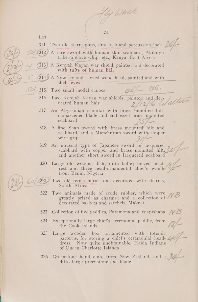 ys jf” 311 Two old alarm guns, flint-lock and percussion lock 4 tribe,(a slave whip, etc., Kenya, East Africa (313) A Kenyah Keyan war shield, painted and decorated % with tufts of human hair G14) A New Ireland carved wood head, Deu and with _ eae shell eyes 7 E. 315, Two small model canoes AA | Seu &gt; 7 = . cy eal 316 Iwo Kenyah Kayan war shields, lays au fleece orated human hair 317 An Abyssinian scimitar with brass ‘mounted hilt, damascened blade and embossed brass mounted scabbard 9 % 4 ff —_ 318 Aine Shan«sword ‘with brass incurred Rie and scabbard, and a Manchurian sword with, copper Wire grip Wl 319 An unusual type of Japanese sword in lacquered scabbard with copper and brass mounted hilt ee and another short sword in lacquered scabbard Ys 320 Large old wooden dish; ditto ladle; carved head- % he rest and three head-ornamental chief’s wands? “4= from Benin, Nigeria j 62) Two old fetish horns, one decorated with charms, South Africa 322 Two animals made of crude rubber, which were hy ro greatly prized as charms; and a collection of /? decorated baskets and satchels, Makus1 323 Collection of five paddles, Patamona and Wapishana NS 324 Exceptionally large chief’s ceremonial paddle, from VA the Cook Islands ff — 325 Large wooden box ornamented with totemic &lt;s patterns, for storing a chief’s ceremonial head- Z4@ dress. Now quite unobtainable, Haida Indians of Queen Charlotte Islands 326 Greenstone hand club, from New Zealand, and a Ib - ditto large greenstone axe blade