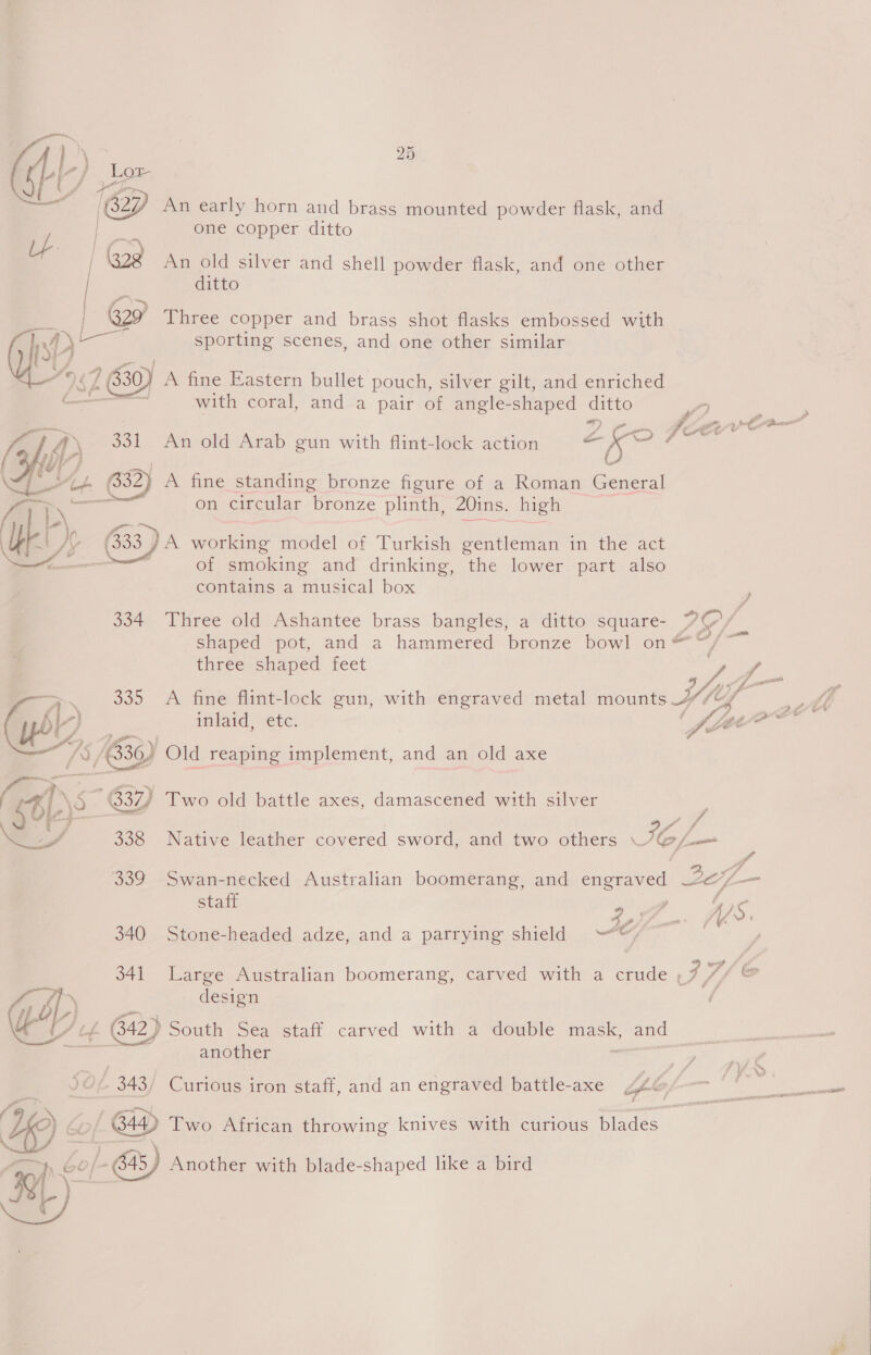  one copper ditto u Ie An old silver and shell powder flask, and one other | ditto G29 Three copper and brass shot flasks embossed with Qe, es sporting scenes, and one other similar 269) A fine Eastern bullet pouch, silver gilt, and enriched with coral, and a pair of angle-shaped ditto ?) _ e Py ee eo el ¥ € 77 Gh 331 An old Arab gun with flint-lock action at Uy fe 632) A fine standing bronze figure of a Roman General cae on circular bronze plinth, 20ins. high (333) A working model of Turkish gentleman in the act es. of smoking and drinking, the lower part also contains a musical box } 334 Three old Ashantee brass bangles, a ditto square- a jf shaped pot, and a hammered bronze bowl on™ ~*, three shaped feet 335 A fine flint-lock gun, with engraved metal mounts te be < inlaid, etc. ‘fe lee gi WA 3 630) Old reaping implement, and an old axe | - 837) Two old battle axes, damascened with silver  ' ~ ff 338 Native leather covered sword, and two others IGf = 339 Swan-necked Australian boomerang, and engraved 2c staff ae Ws. 340 Stone-headed adze, and a parrying shield —“% | 341 Large Australian boomerang, carved with a crude ; wh, bor F a design th UL} USI. G42) South Sea staff carved with a double ele and | — another | J ; J¢ 343/ Curious iron staff, and an engraved battle-axe gf£@/ ey oa o 4) &amp;! bo G44 Two African throwing knives with curious blades eye ny Another with blade-shaped like a bird