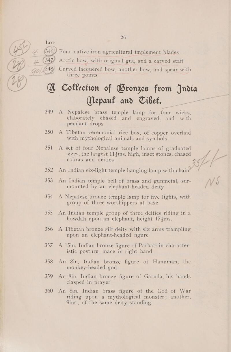 350 jou JOU 360 26 Arctic bow, with original gut, and a carved staff Curved lacquered bow, another bow, and spear with three points Collection of Wronzes from India Wepaul and Tibet. A Nepalese brass temple lamp for four wicks, elaborately chased and engraved, and with pendant drops A Tibetan ceremonial rice box, of copper overlaid with mythological animals and symbols A set of four Nepalese temple lamps of graduated sizes, the largest 114ins. high, inset stones, chased cobras and deities An Indian temple bell of brass and gunmetal, sur- mounted by an elephant-headed deity A Nepalese bronze temple lamp for five lights, with group of three worshippers at base An Indian temple group of three deities riding in a howdah upon an elephant, height 174ins. A Tibetan bronze gilt deity with six arms trampling upon an elephant-headed figure A 15in. Indian bronze figure of Parbati in character- istic posture, mace in right hand An 8in. Indian bronze figure of Hanuman, the monkey-headed god An 8in. Indian bronze figure of Garuda, his hands clasped in prayer An 8in. Indian brass figure of the God of War riding upon a mythological monster; another, 9ins., of the same deity standing