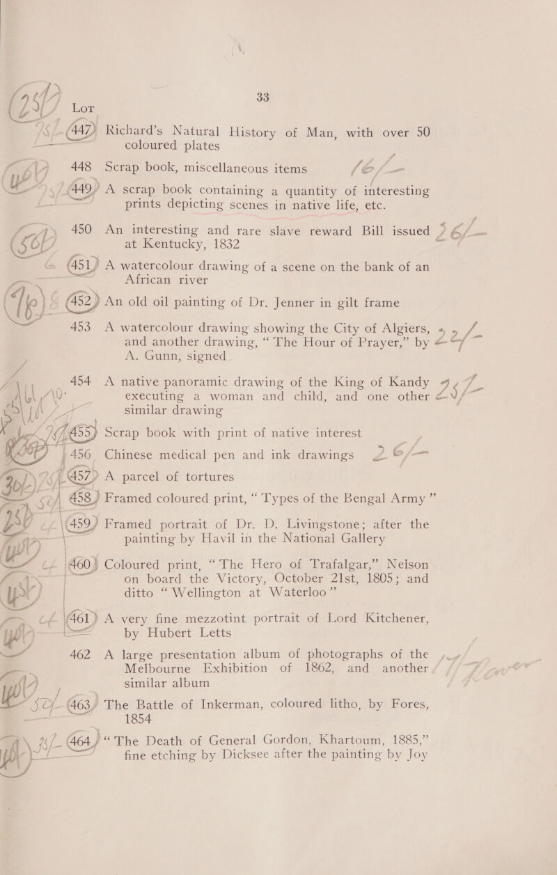 Df aap Richard’s Natural History of Man, with over 50 fe coloured plates ie, |) 448 Scrap book, miscellaneous items (€@ / gi Cs “a 4 49? A scrap book containing a quantity of interesting prints depicting scenes in native life, etc. atKRentucky, 1832 | 451) A watercolour drawing of a scene on the bank of an —_ African river (4 ) ( (2 ) An old oil painting of Dr, Jenner in gilt frame ao 4 A. Gunn, signed similar drawing    Wh 55 Scrap book with print of native interest | , 456 Chinese medical pen and ink drawings 2 e/— £@ A parcel of tortures NG Framed portrait of Dr. D. Livingstone; after the  a ae \ painting by Havil in the National Gallery — 4 |@60) Coloured print, “ The Hero of Trafalgar,” Nelson —_ on board the Victory, October 21st, 1805; and xr) | ditto “ Wellington at Waterloo ” St’ Bx &gt;. é \4e1) A very fine mezzotint portrait of Lord Kitchener, ea { by Hubert Letts = 462 &lt;A large presentation album of photographs of the Melbourne Exhibition of 1862, and another similar album 44 ’,../ 463) The Battle of Inkerman, coloured litho, by Fores, - 1854 A¢ ) “The Death of General Gordon, Khartoum, 1885,” fine etching by Dicksee after the painting by Joy @  si-
