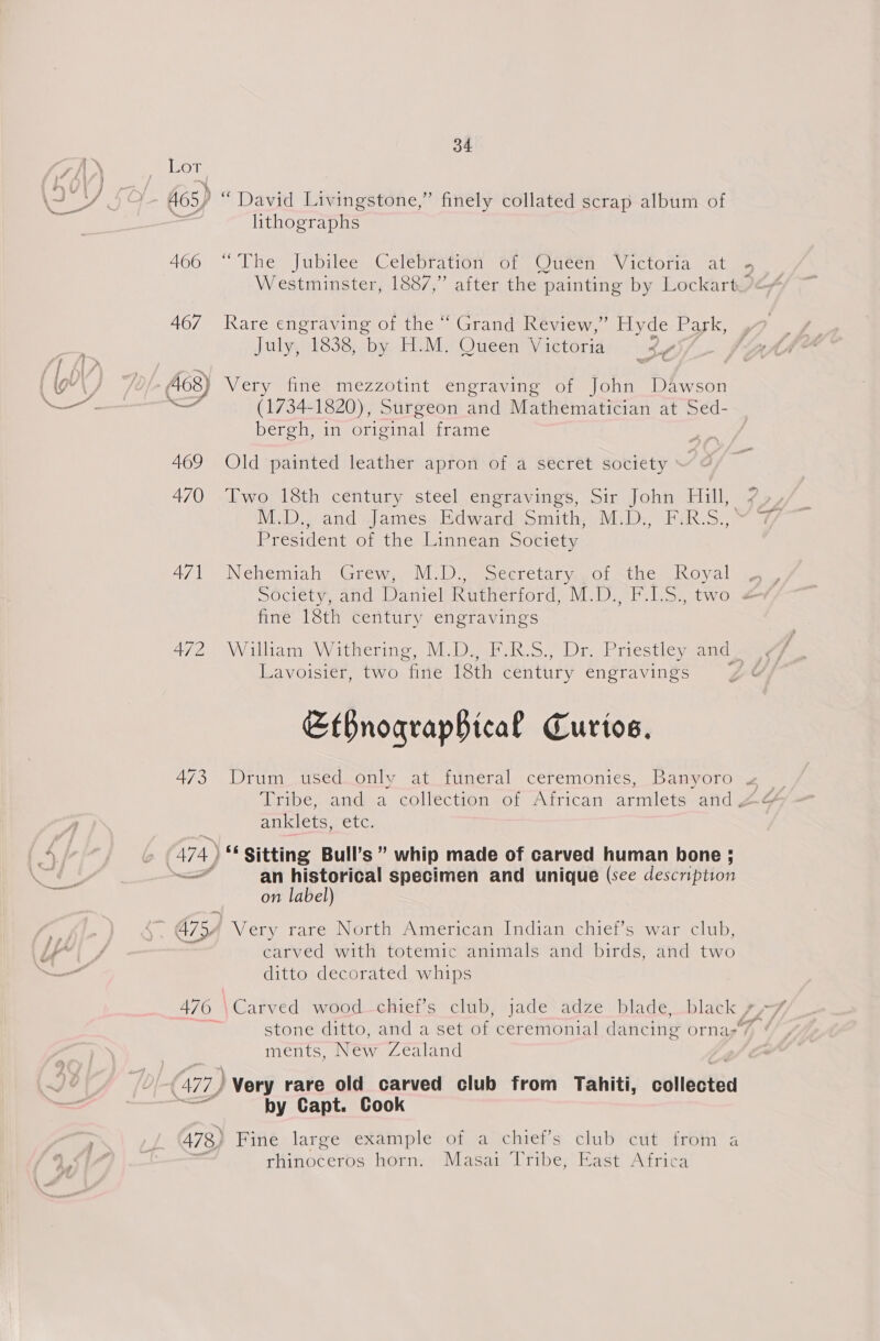 j —— bot 465) “ David Livingstone,” finely collated scrap album of ; lithographs 406 -— Them Jubilee Celepration or. acc le Victoriamat 467 Rare engraving of the “ Grand Review,” Hy de Park, July, 1838, by H.M. Queen ee sy (1734- 1820), Surgeon and Mathematician at Sed- bergh, in original frame 469 Old painted leather apron of a secret society M.D., and James Edward Smith, M.D,, F.R.S., President of the Linnean Society A7t Nekemiah SGuevw, Vis) ee oeererar yay Of ates hoyal fine 18th century engravings Lavoisier, two fine 18th century engravings EtBnograpBhical Curtos. Ankieiae Cites on label) carved with totemic animals and birds, and two ditto decorated whips ments, New Zealand i by Capt. Cook 478, Fine large example of a chief's club cut from a rhinoceros horn. Masai Tribe, East Africa