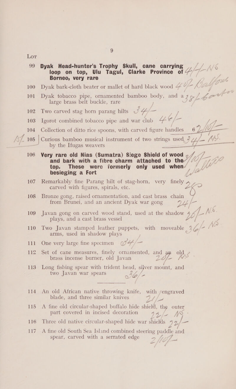 99 Dyak Head-hunter’s Trophy Skull, cane carrying ( loop on top, Ulu Tagul, Clarke Province of yf one Borneo, very rare 100 Dyak bark-cloth beater or mallet of hard black wood ip Y ok “ en large brass belt buckle, rare } 102 Two carved stag horn parang hilts oF Gy = 103 Igorot combined tobacco pipe and war club ip e/ at /A ? 4 ——___ by the Ifugas weavers eT ae  106 Very rare old Nias (Sumatra) Siege Shield of wood f ye and bark with a fibre charm attached to 0d »/, top. These were formerly only used whens / kg besieging a Fort ae 107 Remarkably fine Parang hilt of stag-horn, very finely » Gs. carved with figures, spirals, etc. “K vy 108 Bronze gong, raised ornamentation, and cast brass chain 7 from Brunei, and an ancient Dyak war gong D4 L- 109 Javan gong on carved wood stand, used at the shadow 4 &lt;/— I NS. plays, and a cast brass vessel LY’ |, 110 Two Javan stamped leather puppets, with moveable 34,/- ‘' arms, used in shadow plays 111 One very large fine specimen Q744/— 112 Set of cane measures, finely ornamented, and 1g old 4 brass incense burner, old Javan LY - 113 Long fishing spear with trident head, sijver mount, and two Javan war spears wees / J 4 VYG/- ~  114 An old African native throwing knife, oe engraved blade, and three similar knives eae 115 A fine old circular-shaped buffalo hide hice, the outer part covered in incised decoration ie hs . 116 Three old native circular-shaped hide war Lee Ae 2 yP ee 117. A fine old South Sea Island combined steering paddle and spear, carved with a serrated edge “ a ah —