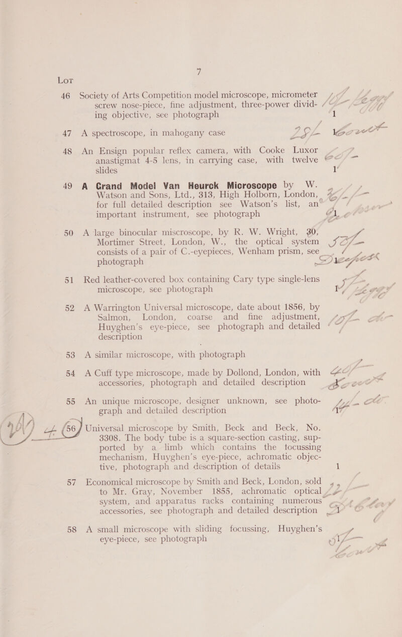 y Lot 46 Society of Arts Competition model microscope, micrometer /, screw nose-piece, fine adjustment, three-power divid- /“—~,. 2 Ly ing objective, see photograph =f =a 47 A spectroscope, in mahogany case LSF IWGzeu 48 An Ensign popular reflex camera, with Cooke Luxor , anastigmat 4-5 lens, in carrying case, with twelve © “/ ~ slides Li 49 A Grand Model Van Heurck Microscope by W. | , Watson and Sons, Ltd., 313, High Holborn, London, #7 A7-— for full detailed description see Watson’s list, an” ~ / important instrument, see photograph GL   50 A large binocular miscroscope, by R. W. Wnight, 30, eo Mortimer Street, London, W., the optical system oe LY consists of a pair of C.-eyepieces, Wenham prism, see > aa photograph Def OFA 51 Red leather-covered box containing Cary type single-lens 5 A, microscope, see photograph y ‘$e PG, Z 52 <A Warrington Universal microscope, date about 1856, by Salmon, London, coarse and fine adjustment, 2 es Huyghen’s eye-piece, see photograph and detailed * Y/ description 53 A similar microscope, with photograph 54 A Cuff type microscope, made by Dollond, London, with #@ aie accessories, photograph and detailed description borer ns 55 An unique microscope, designer unknown, see photo- 4, é ote graph and detailed description AT Universal microscope by Smith, Beck and Beck, No. 3308. The body tube is a square-section casting, sup- ported by a limb which contains the focussing mechanism, Huyghen’s eye-piece, achromatic objec- tive, photograph and description of details  57 Economical microscope by Smith and Beck, London, sold , , to Mr. Gray, November 1855, achromatic optical Aw system, and apparatus racks containing numerous _. as » accessories, see photograph and detailed description 1 © | 58 <A small microscope with sliding focussing, Huyghen’s S eye-piece, see photograph iZ