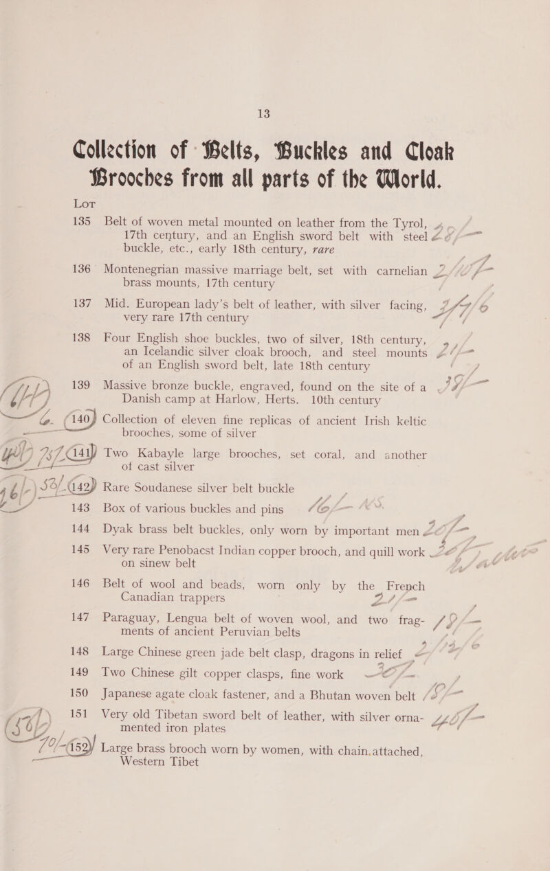 very rare 17th century as 138 Four English shoe buckles, two of silver, 18th century, /», an Icelandic silver cloak brooch, and steel mounts ¢/¢/~ of an English sword belt, late 18th century 2 :A@) if, y\ 139 Massive bronze buckle, engraved, found on the site of a ./4 , bf) Danish camp at Harlow, Herts. 10th century —G. ( 140} Collection of eleven fine replicas of ancient Irish keltic ws 13 Collection of Belts, Buckles and Cloak Brooches from all parts of the World. Lor 135 Belt of woven metal mounted on leather from the Tye0! te, 17th century, and an English sword belt with steel 2 o buckle, etc., early 18th century, rare 136 Montenegrian massive marriage belt, set with carnelian 7 brass mounts, 17th century 137 Mid. European lady’s belt of leather, with silver facing, 7, brooches, some of silver ot cast silver Af Box of various buckles and pins 4(e 2 on sinew belt 146 Belt of wool and beads, worn only by the French Canadian trappers | 9 ffm ES * — - 147 Paraguay, Lengua belt of woven wool, and two frag- /v / ments of ancient Peruvian belts » 4 148 Large Chinese green jade belt clasp, dragons in relief 4 2 149 Two Chinese gilt copper clasps, fine work If 3 150 Japanese agate cloak fastener, and a Bhutan woven belt , 9 te 151 Very old Tibetan sword belt of leather, with silver orna- “ly mented iron plates Western Tibet >