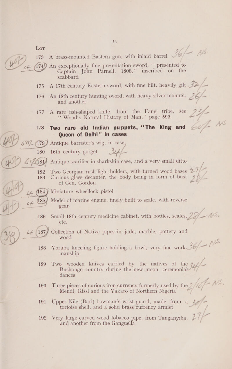 Lor ely 44, [um F WH 173 A brass-mounted Eastern gun, with inlaid barrel ~’ C ef (74) An exceptionally fine presentation sword, ‘“ presented to Captain John Parnell, 1808,’ inscribed on the scabbard 175 A 17th century Eastern sword, with fine hilt, heavily gilt — 176 An 18th century hunting sword, with heavy silver mounts, _7 EL and another si 177 A rare fish-shaped knife, from the Fang tribe, see 7 Wu ‘“ Wood’s Natural History of Man,’’ page 593 = 178 Two rare old Indian puppets, ‘‘The King and A) \ - Queen of Delhi” in cases YD $°%-¢ d79J Antique barrister’s wig, in case, 180 16th century gorget Sy ae ra) = Shy Antique scarifier in sharkskin case, and a very small ditto A) CY 182 Two Georgian rush-light holders, with turned wood bases al ae 183 Curious glass decanter, the body being in form of bust 9 0” fi i) of Gen. Gordon a 4 Miniature wheellock pistol “y ae ep | Model of marine engine, finely built to scale, with reverse gi* 3 é _ ilies | 186 Small 18th century medicine cabinet, with bottles, scales, » 23 a etc. al Aye) \ Bask. ‘187, Collection of Native pipes in jade, marble, pottery and | A | wood J 188 Yoruba kneeling figure holding a bowl, very fine work-~ 46/- manship 189 Two wooden knives carried by the natives of the Z, A/. Bushongo country during the new moon ceremonial’ 7 dances 190 Three pieces of curious iron currency formerly used by the ” Mendi, Kissi and the Yakaro of Northern Nigeria 191 Upper Nile (Bari) bowman’s wrist guard, made from a ?4 = a . tortoise shell, and a solid brass currency armlet ‘ / 192 Very large carved wood tobacco pipe, from Tanganyika, Z fi o and another from the Ganguella