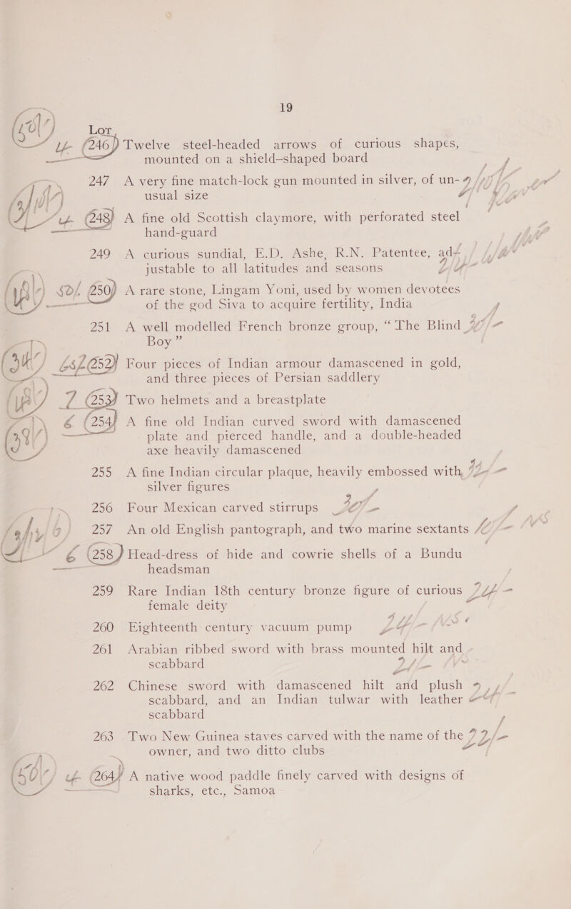 f “Ee (Se / Lor “we (246) Twelve steel-headed arrows of curious shapes, —_— mounted on a shield—shaped board ee f A a 247 A very fine match-lock gun mounted in silver, of un- 4 /»/) / ; 7 usual size ee Ue  gra 243) A fine old Scottish claymore, with perforated steel 7 — > hand-guard 2A0-¢ \ curious sundial, £1, Ashe, KR.N:-Patentee, adt justable to all latitudes and seasons AU pn | $o/, 250) A rare stone, Lingam Yoni, used by women devotees | az of the god Siva to acquire fertility, India 251 <A well modelled French bronze group, “The Blind H 2 = fee Boy ” | ie A {if i ea a he j hg Z (52) Four pieces of Indian armour damascened in gold, vif (Coy P S — and three pieces of Persian saddlery a aC Two helmets and a breastplate i 254 A fine old Indian curved sword with damascened — plate and pierced handle, and a double-headed axe heavily damascened  44 255 A fine Indian circular plaque, heavily embossed with 7z-— silver figures : ~ 206 Pour Mexican carved stirrups _ Wy a P Jah, 7 257. An old English pantograph, and two marine sextants fll/- | oe é (258, Head-dress of hide and cowrie shells of a Bundu . nee headsman 259 Rare Indian 18th century bronze figure of curious 774 = female deity | : 4 yf tA 200 Eighteenth century vacuum pump £4 Pgh 261 Arabian ribbed sword with brass mounted hilt and scabbard Zh Sa d's, 262 Chinese sword with damascened hilt and plush 9,, scabbard, and an Indian tulwar with leather @7 scabbard . 263 Two New Guinea staves carved with the name of the ,L/- owner, and two ditto clubs — ae ») | LO. / te (2047 A native wood paddle finely carved with designs of _ een shatks, etc., Samoa