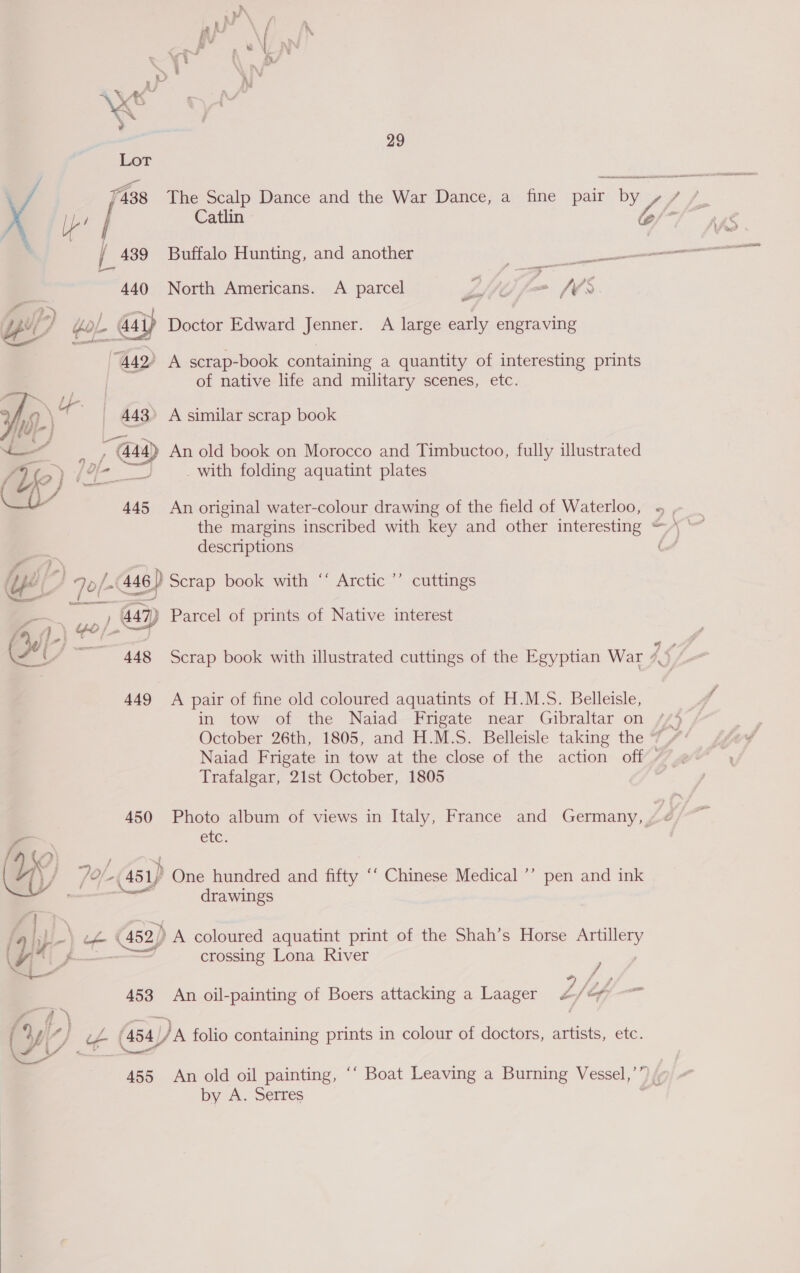 Catlin a 440 North Americans. A parcel o 1) =- VS Doctor Edward Jenner. A large early engraving  D&gt; A scrap-book containing a quantity of interesting prints of native life and military scenes, etc. A similar scrap book An old book on Morocco and Timbuctoo, fully illustrated _ with folding aquatint plates  An original water-colour drawing of the field of Waterloo, the margins inscribed with key and other interesting | descriptions aI Ye ; Po . 446) Scrap book with “‘ Arctic ’’ cuttings &lt;i uo/ ) ‘ap Parcel of prints of Native interest im ()_\ 4 (H (~~ 448 Scrap book with illustrated cuttings of the Egyptian War 05, 449 A pair of fine old coloured aquatints of H.M.S. Belleisle, in tow of the Naiad Frigate near Gibraltar on *) Trafalgar, 21st October, 1805 etc. 7° Of. (451) One hundred and fifty ‘“ Chinese Medical ’’ pen and ink drawings  We) « Sa (452)) A coloured aquatint print of the Shah’s Horse ee Es f =I crossing Lona River , 453 An oil-painting of Boers attacking a Laager L/h Of) | ae (454 (454) A folio containing prints in colour of doctors, artists, etc. i by A. Serres 
