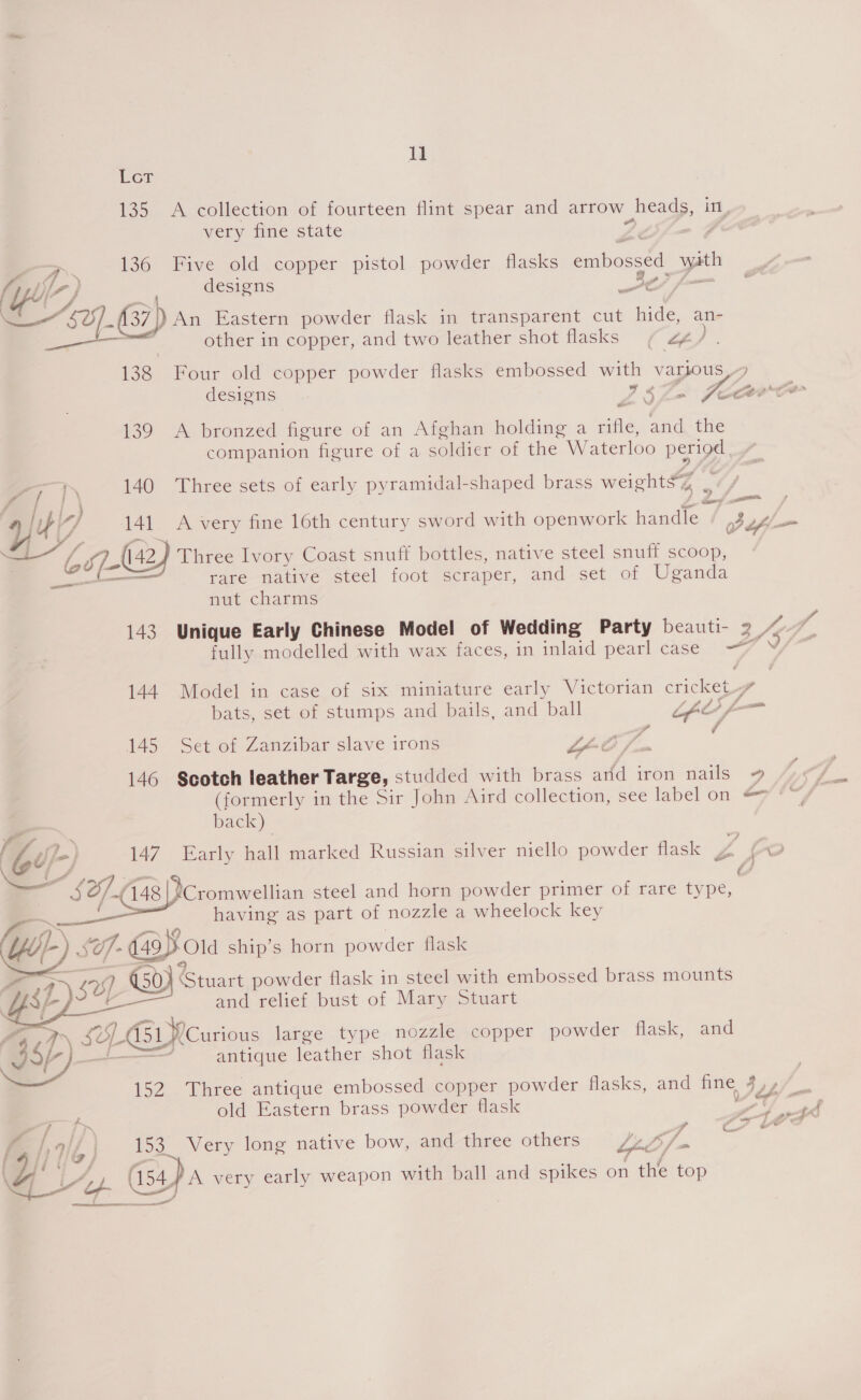 Ler 135 A collection of fourteen flint spear and arrow | heads, in, very fine state 4 ar. 136 Five old copper pistol powder flasks embossed ye ; Le } designs Je YE 2G) 37|) An Eastern powder flask in transparent cut hide, an- other in copper, and two leather shot flasks ¢ Z4/ 138 Four old copper powder flasks embossed with various, designs 737, Jccerrr 139 &lt;A bronzed figure of an Afghan holding a rifle, and the companion figure of a soldier @f -the Waterloo period | 140 Three sets of early pyramidal-shaped brass weights% 2 LP, . eo : lpi 141 A very fine 16th century sword with openwork handle —~ es Gifl— Gu/- 1424 Three Ivory Coast snuff bottles, native steel snuff scoop, —_— rare native steel foot scraper, and set of Uganda nut charms 143 Unique Early Chinese Model of Wedding Party beauti- 3 Je f fully modelled with wax faces, in inlaid pearl case / 144. Model in case of six miniature early Victorian cricket bats, set of stumps and bails, and ball fC, - , / 145 Set of Zanzibar slave irons Leo /. 146 Scotch leather Targe, studded with brass arid iron nails » (formerly in the Sir John Aird collection, see label on &amp;— *™ back) G L-) 47 Early hall marked Russian silver niello powder flask y 9 148 Soa steel and horn powder primer of rare type, : having as part of nozzle a wheelock key UW) S07- 149 Old ship’s horn powder flask 7 G0} Stuart powder flask in steel with embossed brass mounts Ys SY; and relief bust of Mary Stuart  | SEAS LY Curious large type nozzle copper powder flask, and asp) . antique leather shot flask 152 Three antique embossed copper powder flasks, and fine, fy old Eastern brass powder flask ee A of AK /9 6) 153. Very long native bow, and three others bn Fo ee ei te oe / = (9/i aL Ca (supa very early weapon with ball and spikes on the top 