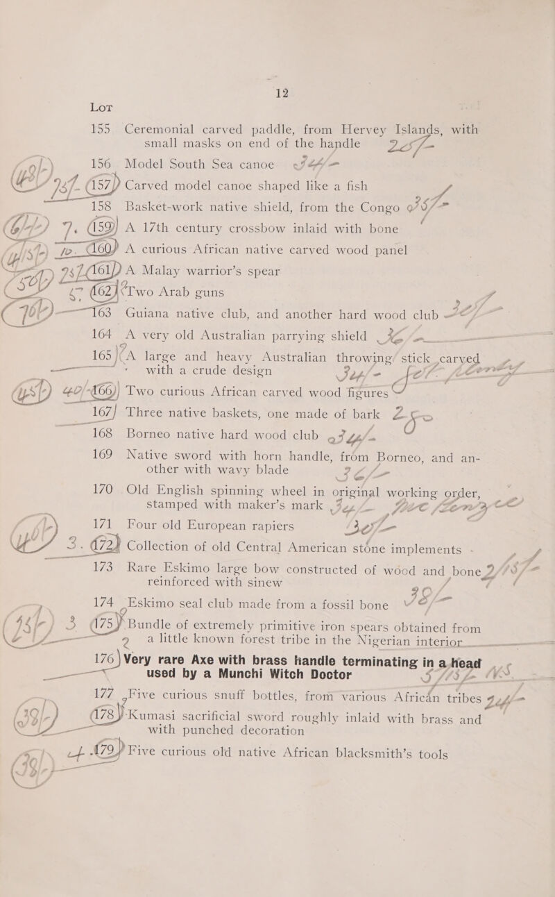 Lor 155. Ceremonial carved paddle, from Hervey Islands, with small masks on end of the handle ? Sf / nt) 156 Model South Sea canoe «7#4/— (F°| ey (157)? Carved model canoe shaped like a fish e ry Se ae 158 Basket-work native shield, from the Congo V5/&gt; GY 7 Gs) A 17th century crossbow inlaid with bone  do0) A curious African native carved wood panel (yisjp = c : Fo) 2 2sLCOW) » Malay warrior’s spear re a 7 Two Arab guns : F &amp; wi) L-)_— 165) Guiana native club, and another hard wood club Sof a 164 A very old Australian parrying shield is 9 ia Ne de 165) A large and heavy Australian Lp yens stick ge. As ———— “with a.crude:design oon AO. Le —ey CN, 40/- 466) Two curious African carved wood chres 167] Three native baskets, one made of bark Z j = 168 Borneo native hard wood club hh A t 169 Native sword with horn handle, from Borneo, and an- other with wavy blade £4 a 170 Old English spinning wheel in oe working order, stamped with maker’s mark tf fa 7 OO feor 2, &lt; A 171 Four old European rapiers Bboy —_ . QW : 3.@2) Collection of old Central American sténe implements - 173, Rare Eskimo large bow constructed of wood and bone Z 1S / reinforced with sinew ; @ &lt; f-) . 4 : 1X | . pen juskimo seal club made from a fossil bone “ © { 44 i: 5 75) hBundie of extremely primitive iron spears Berea fri olf, — Q2 a little known forest. tribe in the Nigerian interioc ek rare Axe with brass handle terminating in ahead ark — | used by a Munchi Witch Doctor SSIS ZL VE. a 177 _Five curious snuff bottles, from various Eye 4 tribes L4é = (78) /-Kumasi sacrificial sword roughly inlaid with brass and with punched decoration ef C2) Five curious old native African blacksmith’s tools bet 