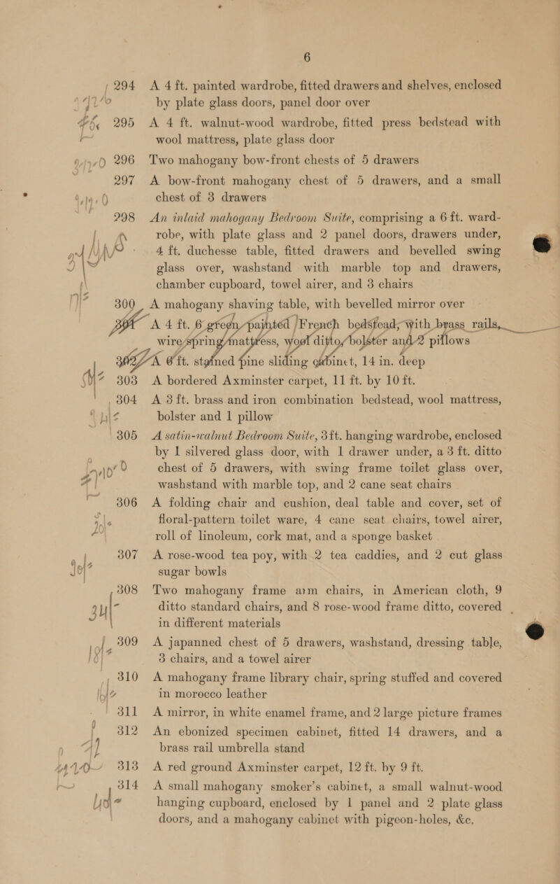 a 6 A 4 ft. painted wardrobe, fitted drawers and shelves, enclosed by plate glass doors, panel door over A 4 ft. walnut-wood wardrobe, fitted press bedstead with wool mattress, plate glass door Two mahogany bow-front chests of 5 drawers A bow-front mahogany chest of 5 drawers, and a small chest of 3 drawers An inlaid mahogany Bedroom Suite, comprising a 6 ft. ward- robe, with plate glass and 2 panel doors, drawers under, 4 ft. duchesse table, fitted drawers and bevelled swing glass over, washstand with marble top and drawers, chamber cupboard, towel airer, and 3 chairs A mahogany shaving table, with bevelled mirror over  attress, priys Aolster and 2 pillows A ett. sti ce. sliding eau 14 in. deep bolster and 1 pillow A satin-walnut Bedroom Suite, 3{t. hanging wardrobe, enclosed by | silvered glass door, with 1 drawer under, a 3 ft. ditto chest of 5 drawers, with swing frame toilet glass over, washstand with marble top, and 2 cane seat chairs A folding chair and cushion, deal table and cover, set of floral-pattern toilet ware, 4 cane seat chairs, towel airer, roll of linoleum, cork mat, and a sponge basket A rose-wood tea poy, with 2 tea caddies, and 2 cut glass sugar bowls Two mahogany frame arm chairs, in American cloth, 9 ditto standard chairs, and 8 rose-wood frame ditto, covered | in different materials A japanned chest of 5 drawers, washstand, dressing table, 3 chairs, and a towel airer A mahogany frame library chair, spring stuffed and covered in morocco leather A mirror, in white enamel frame, and 2 large picture frames An ebonized specimen cabinet, fitted 14 drawers, and a brass rail umbrella stand A red ground Axminster carpet, 12 ft. by 9 ft. A small mahogany smoker’s cabinet, a small walnut-wood hanging cupboard, enclosed by | panel and 2 plate glass doors, and a mahogany cabinet with pigeon-holes, &amp;c, 