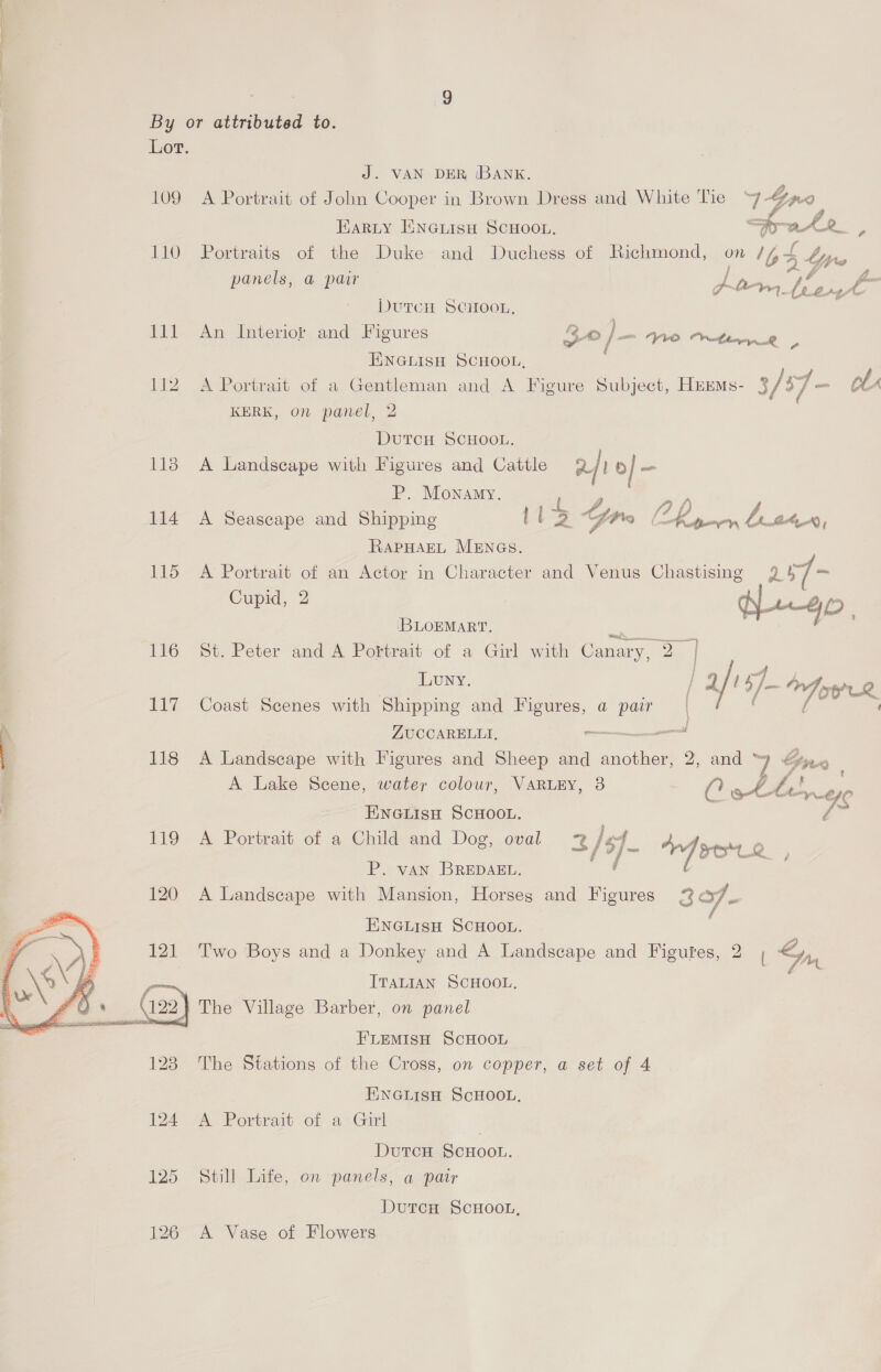 109 110  J. VAN DER BANK. A Portrait of John Cooper in Brown Dress and White Tie a ipa Harty ENGLISH SCHOOL. vet AR e Portraits of the Duke and Duchess of Richmond, on 164 Yre panels, a pair | | Pi rei, gee if DurcH SCHOOL, An Interior and Figures pe, ] — VO Wht ke | ENGLISH SCHOOL, ; A Portrait of a Gentleman and A Figure Subject, HeEMs- 3/37 - ob KERK, on panel, 2 DutcH SCHOOL. A Landscape with Figures and Cattle 2 re / ar P. Monamy. F 7 . Lf fA LY j A Seascape and Shipping ll Gre CK, Ltt, RAPHAEL MENGS., A Portrait of an Actor in Character and Venus Chastising 24 7- Cupid, 2 q4p ] BLOEMART. se St. Peter and A Pofttrait of a Girl with Canary, 2 | | A Luny. } 4 aes Ly ee Coast Scenes with Shipping and ee a pair | é A OOK ZUCCARELLI, _ ae A Landscape with Figures and Sheep and ee 2 ands FU: i A Lake Scene, water colour, VARLEY, 3 Cet hie ENGLISH SCHOOL. . ws : ortrai ee e - dad } A Portrait of a Child and Dog, oval faq 4s P. vAN BREDAEL. A Landscape with Mansion, Horses and Figures 2% ex7 ENGLISH SCHOOL. ; Two Boys and a Donkey and A Landscape and Figufes, 2 am ITALIAN SCHOOL. ; The Village Barber, on panel FLEMISH SCHOOL The Stations of the Cross, on copper, a set of 4 EINGLISH SCHOOL, A Portrait of a-Girl DutcH SCHOOL. Still Life, on panels, a pair DutcH SCHOOL, A Vase of Flowers