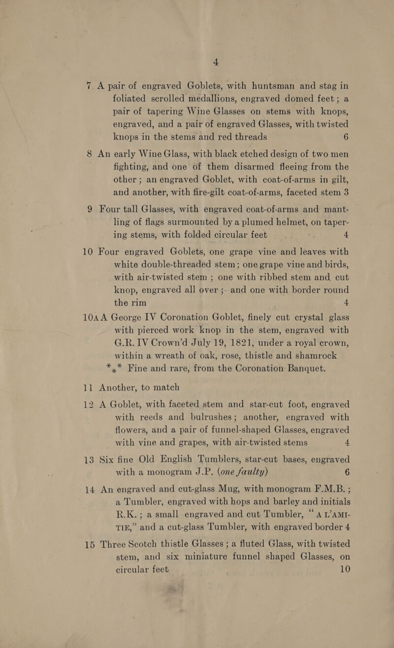 + 7 A pair of engraved Goblets, with huntsman and stag in foliated scrolled medallions, engraved domed feet; a pair of tapering Wine Glasses on stems with knops, engraved, and a pair of engraved Glasses, with twisted knops in the stems and red threads 6 8 An early Wine Glass, with black etched design of two men fighting, and one of them disarmed fleeing from the other ; an engraved Goblet, with coat-of-arms in gilt, and another, with fire-gilt coat-of-arms, faceted stem 3 9 Four tall Glasses, with engraved coat-of-arms and mant- ling of flags surmounted by a plumed helmet, on taper- ing stems, with folded circular feet .. °. 4 10 Four engraved Goblets, one grape vine and leaves with white double-threaded stem; one grape vine and birds, with air-twisted stem ; one with ribbed stem and cut knop, engraved all over ;- and one with border round the rim 4 10A A George IV Coronation Goblet, finely cut crystal glass with pierced work knop in the stem, engraved with G.R. IV Crown’d July 19, 1821, under a royal crown, within a wreath of oak, rose, thistle and shamrock *.* Fine and rare, from the Coronation Banquet. 11 Another, to match 12 A Goblet, with faceted stem and star-cut foot, engraved with reeds and bulrushes; another, engraved with flowers, and a pair of funnel-shaped Glasses, engraved _ with vine and grapes, with air-twisted stems 4 pe 13 Six fine Old English Tumblers, star-cut bases, engraved with a monogram J.P. (one faulty) 6 14 An engraved and cut-glass Mug, with monogram F.M.B. ; a Tumbler, engraved with hops and barley and initials R.K.; a small engraved and cut Tumbler, “a L’amt- TIE,” and a cut-glass Tumbler, with engraved border 4 15 Three Scotch thistle Glasses ; a fluted Glass, with twisted stem, and six miniature funnel shaped Glasses, on circular feet 10