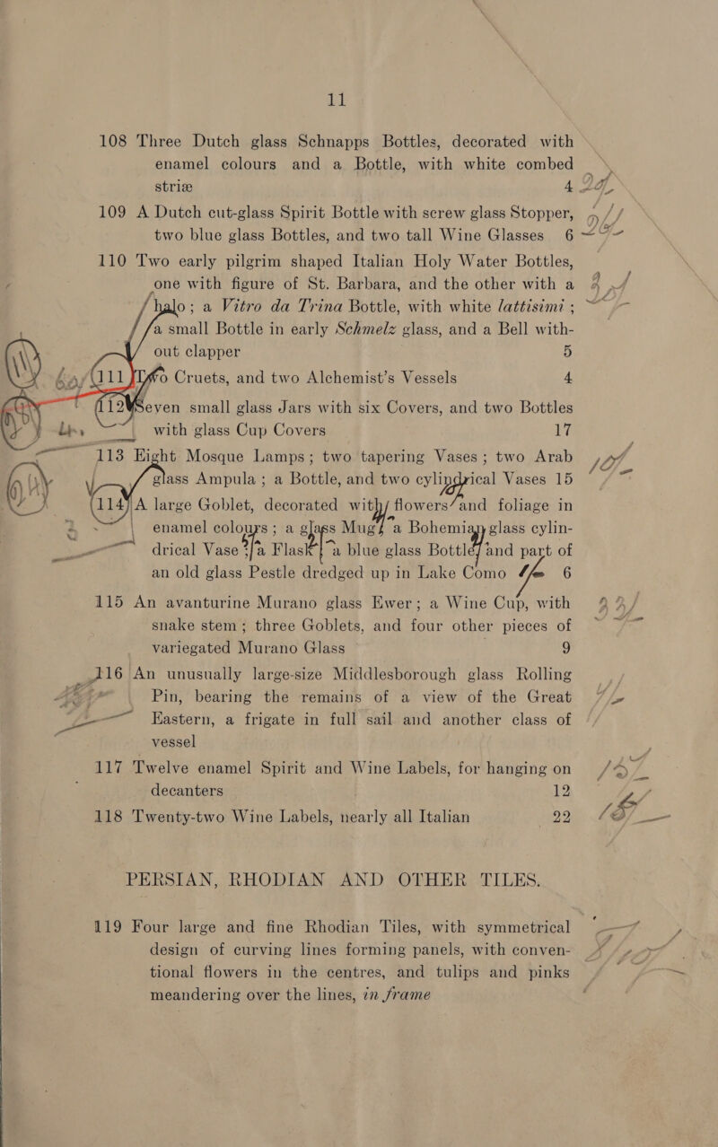 Jk 108 Three Dutch glass Schnapps Bottles, decorated with enamel colours and a Bottle, with white combed 109 A Dutch cut-glass Spirit Bottle with screw glass Stopper, two blue glass Bottles, and two tall Wine Glasses 6 110 Two early pilgrim shaped Italian Holy Water Bottles, sone with figure of St. Barbara, and the other with a alo; a Vitro da Trina Bottle, with white lattis¢md ; a small Bottle in early Schmelz glass, and a Bell w ce out clapper 5     [Tvo Cruets, and two Alchemist’s Vessels 4 Bo, small glass Jars with six Covers, and two Bottles “with glass Cup Covers at 113 Eight Mosque Lamps; two tapering Vases; two Arab glass Ampula ; a Bottle, and two pa Ge Vases 15 ‘A large Goblet, decorated wit [ flowers and foliage in / enamel Con ; a glass Mug    drical Vase 3/a Flask a blue glass Bottl an old glass Pestle dredged up in Lake Como 4 6 “a Bohemi glass cylin- Wine part of snake stem; three Goblets, and four other pieces of variegated Murano Glass 9 A16 An unusually large-size Middlesborough glass Rolling x Pin, bearing the remains of a view of the Great Pa p= — Eastern, a frigate in full sail and another class of vessel 117 Twelve enamel Spirit and Wine Labels, for hanging on decanters 12 118 Twenty-two Wine Labels, nearly all Italian (22 PERSIAN, RHODIAN AND OTHER TILES. 119 Four large and fine Rhodian Tiles, with symmetrical design of curving lines forming panels, with conven- tional flowers in the centres, and tulips and pinks meandering over the lines, 7 /rame Ay