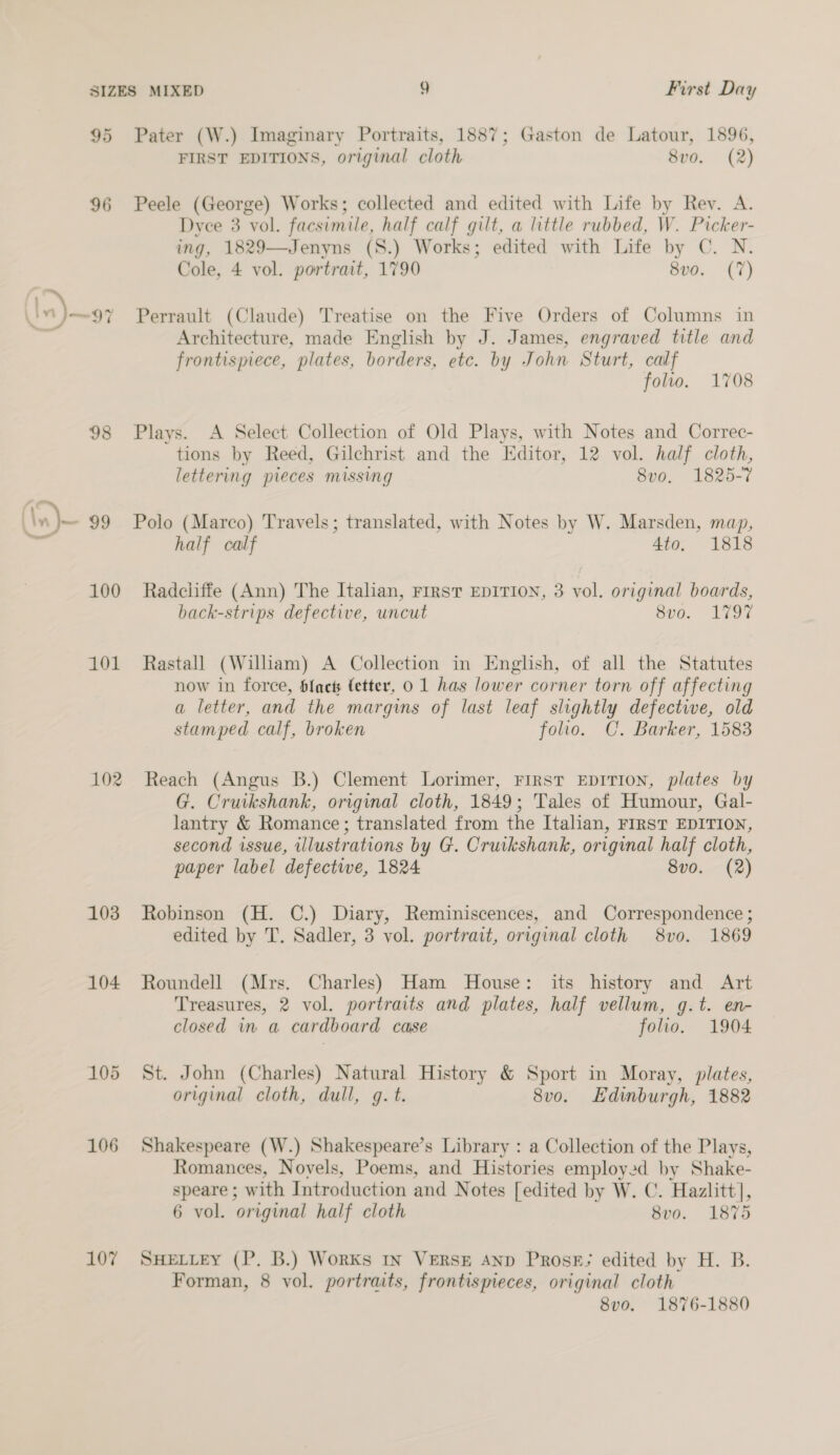 95 Pater (W.) Imaginary Portraits, 1887; Gaston de Latour, 1896, FIRST EDITIONS, original cloth 8vo. (2) 96 Peele (George) Works; collected and edited with Life by Rev. A. Dyce 3 vol. facsimile, half calf gilt, a little rubbed, W. Picker- ing, 1829—Jenyns (S.) Works; edited with Life by C. N. Cole, 4 vol. portrait, 1790 8vo. (7) Architecture, made English by J. James, engraved title and frontispiece, plates, borders, etc. by John Sturt, calf folio. 1708 98 Plays. A Select Collection of Old Plays, with Notes and Correc- tions by Reed, Gilchrist and the Editor, 12 vol. half cloth, lettering pieces missing 8vo. 1825-7 half calf 4to. 1818 100 Radcliffe (Ann) The Italian, Frrst EDITION, 3 vol. original boards, back-strips defective, uncut Seo. LNT 101 Rastall (William) A Collection in English, of all the Statutes now in force, blacts fetter, 0 1 has lower corner torn off affecting a letter, and the margins of last leaf slightly defective, old stamped calf, broken folio. C. Barker, 1583 102 Reach (Angus B.) Clement Lorimer, First EDITION, plates by G. Cruikshank, original cloth, 1849; Tales of Humour, Gal- lantry &amp; Romance; translated from the Italian, FIRST EDITION, second issue, illustrations by G. Cruikshank, original half cloth, paper label defective, 1824 8vo. (2) 103 Robinson (H. C.) Diary, Reminiscences, and Correspondence ; edited by T. Sadler, 3 vol. portrait, original cloth 8vo. 1869 104 Roundell (Mrs. Charles) Ham House: its history and Art Treasures, 2 vol. portraits and plates, half vellum, g.t. en- closed in a cardboard case folio. 1904 105 St. John (Charles) Natural History &amp; Sport in Moray, plates, original cloth, dull, g. t. 8vo. Edinburgh, 1882 106 Shakespeare (W.) Shakespeare’s Library : a Collection of the Plays, Romances, Novels, Poems, and Histories employed by Shake- speare ; with Introduction and Notes [edited by W. C. Hazlitt], 6 vol. original half cloth 8vo. 1875 107 SHetiey (P. B.) Works In VERSE AND Prose; edited by H. B. Forman, 8 vol. portraits, frontispieces, original cloth 8vo. 1876-1880
