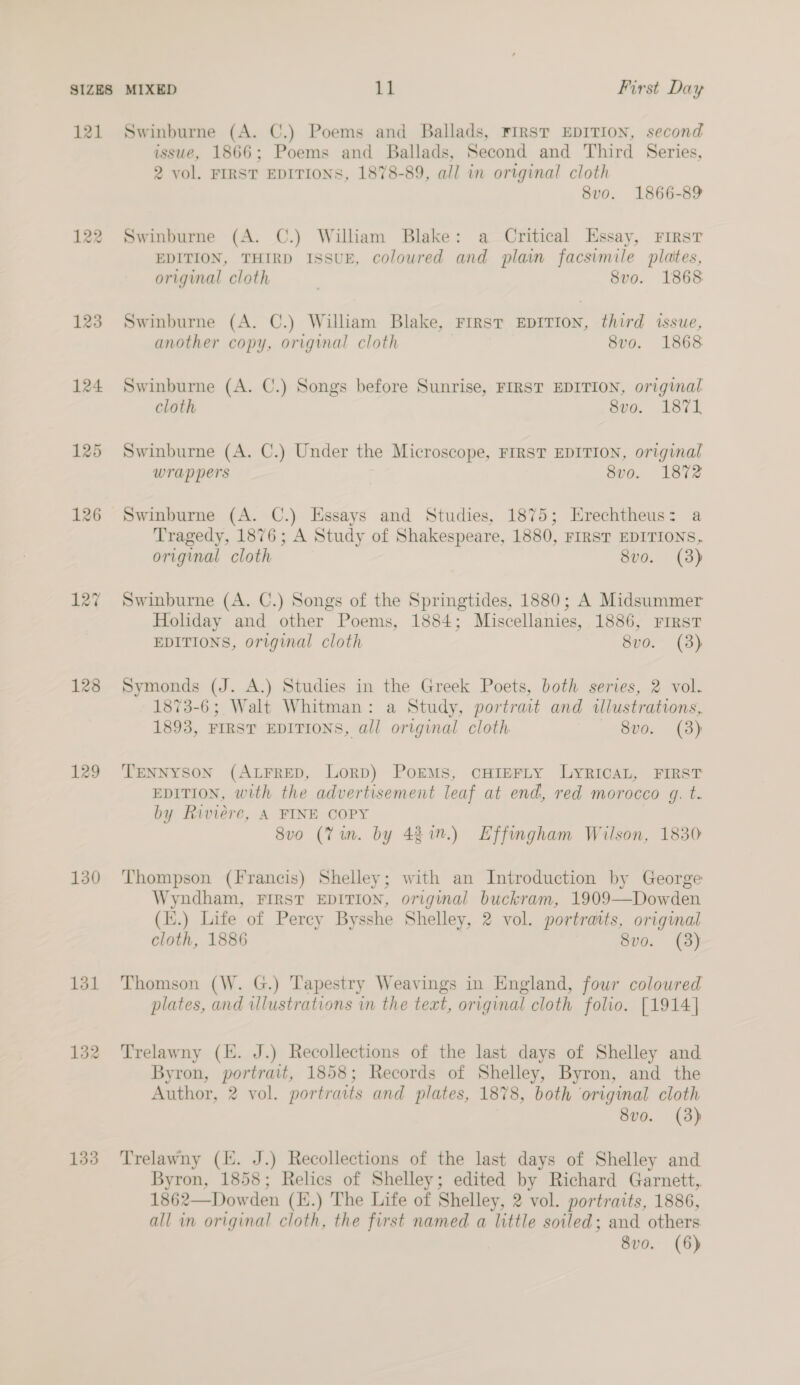 121 123 124 125 128 129 130 131 Swinburne (A. C.) Poems and Ballads, FIRST EDITION, second issue, 1866; Poems and Ballads, Second and Third Series, 2 vol. FIRST EDITIONS, 1878-89, all in original cloth 8v0. 1866-89 Swinburne (A. C.) William Blake: a Critical Essay, First EDITION, THIRD ISSUE, coloured and plain facsimile plates, original cloth . 8vo. 1868 Swinburne (A. C.) William Blake, First EDITION, third issue, another copy, original cloth 8vo. 1868 Swinburne (A. C.) Songs before Sunrise, FIRST EDITION, original cloth 8vo. 1871, Swinburne (A. C.) Under the Microscope, FIRST EDITION, original wrappers 8v0o. 1872 Swinburne (A. C.) Essays and Studies, 1875; Erechtheus: a Tragedy, 1876; A Study of Shakespeare, 1880, FIRST EDITIONS, original cloth 8vo. (3) Swinburne (A. C.) Songs of the Springtides, 1880; A Midsummer Holiday and other Poems, 1884; Miscellanies, 1886, First EDITIONS, original cloth 8vo. (3) Symonds (J. A.) Studies in the Greek Poets, both series, 2 vol. 1873-6; Walt Whitman: a Study, portrait and illustrations, 1893, FIRST EDITIONS, all original cloth 8vo. (8) TENNYSON (ALFRED, Lord) PorEMs, CHIEFLY LYRICAL, FIRST EDITION, with the advertisement leaf at end, red morocco q. t. by Riviere, A FINE COPY 8vo (Tin. by 4211.) Effingham Wilson, 1830 Thompson (Francis) Shelley; with an Introduction by George Wyndham, FIRST EDITION, original buckram, 1909—Dowden (i.) Life of Percy Bysshe Shelley, 2 vol. portratts, original cloth, 1886 8vo. (3) Thomson (W. G.) Tapestry Weavings in England, four coloured plates, and illustrations in the text, original cloth folio. [1914] Trelawny (EH. J.) Recollections of the last days of Shelley and Byron, portrait, 1858; Records of Shelley, Byron, and the Author, 2 vol. portraits and plates, 1878, both ‘original cloth 8vo. (3) Trelawny (i. J.) Recollections of the last days of Shelley and Byron, 1858; Relics of Shelley; edited by Richard Garnett, 1862—Dowden (K.) The Life of Shelley, 2 vol. portraits, 1886, all in original cloth, the first named a little soiled; and others