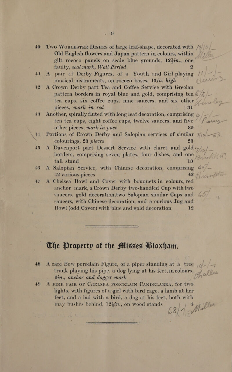 40 45 \ det AS 46 48 49 Old English flowers and Japan pattern in colours, within gilt rococo panels on scale blue grounds, 123in., one faulty. seal mark, Wall! Period 2 musical instruments, on rococo bases, 10in. high A Crown Derby part Tea and Coffee Service with Grecian tea cups. six coffee cups. nine saucers, and six other « Another, spirally fluted with long leaf ee ation, comprising ; other pieces, mark in puce 35 colourings, 23 pieces 23 A Davenport part Dessert Service with claret and gold # A Ax _ f 2nrye 4 /, | f ,/ tall stand 13° A Salopian Service, with Chinese decoration, comprising 6s). anchor mark, a Crown Derby two-handled Cup with two saucers, gold decoration,two Salopian similar Cups and saucers, with Chinese decoration, and a curious Jug and Bowl (odd Cover) with blue and gold decoration 12 The Property of the Misses Bloxham. A rare Bow porcelain Figure, of a piper standing at a tree trunk playing his pipe, a dog lying at his feet, in colours, 6in., anchor and dagger mark A FINE PAIR OF CiIELSEA PORCELAIN CANDELABRA, for two lights, with figures of a girl with bird cage, a lamb at her feet. and a lad with a bird, a dog at his feet, both with may bushes behind, 124in., on wood stands =| _; 4 (Al J,