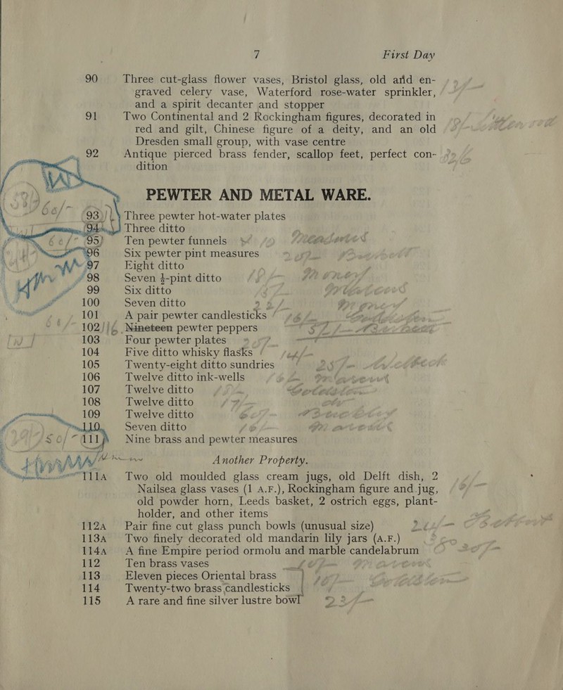 90 Three cut-glass flower vases, Bristol glass, old arid en- graved celery vase, Waterford rose-water sprinkler, and a spirit decanter and stopper 91 Two Continental and 2 Rockingham figures, decorated in red and gilt, Chinese figure of a deity, and an old Dresden small group, with vase centre Antique pierced brass fender, scallop feet, perfect con- dition PEWTER AND METAL WARE. Three pewter hot-water plates Three ditto Ten pewter funnels + LG AN Six pewter pint measures Eight ditto Seven 4-pint ditto WCE OF Six ditto d Seven ditto yp A pair pewter palsies cite ayy 4 i, .Naneteen pewter peppers GK ws ~ Four pewter plates » 7 eB i Five ditto whisky flasks : Wy, Twenty-eight ditto sundries Twelve ditto ink-wells Twelve ditto Twelve ditto Twelve ditto Seven ditto Nine brass and pewter 1 measures ’ Hy in” an Another Property. “epee benener™T114 Two old moulded glass cream jugs, old Delft dish, 2 Nailsea glass vases (1 A.F.), Rockingham figure and jug, old powder horn, Leeds basket, 2 ostrich eggs, plant- holder, and other items 1124 ‘Pair fine cut glass punch bowls (unusual size) 1134 Two finely decorated old mandarin lily jars (A.F.) 1144 A fine Empire period ormolu and marble candelabrum   CY 112 Ten brass vases ee 113 Eleven pieces Oriental brass ao 114 Twenty-two brass candlesticks