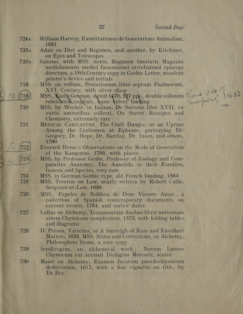  William Harvey, Exercitationes de Generatione Animalum, 1651 Adair on Diet and Regimen, and another, by Kitchiner, on Eyes and Telescopes Salerno, with MSS. notes, Regimen Sanitatis Magnimi mediolanensis medici famosissimi attrebatensi episcopi directum, a 15th Century copy in Gothic Letter, woodcut printer's device and initials MSS. on vellum, Precationum liber septum Psalmorum, XVI. Century, with silver clas rubricatec capitals, hoose Yelvet binding MSS. by Wecker, in Italian, De Secretis libri XVII. ex variis auctoribus collecti, On Secret Receipes and Chemistry, extremely rare MEDICAL CARICATURE, The Craft Danger, or an Uproar Among the Craftsmen at Ephesus, portraying Dr. 1790 s Everard Home’s Observations on the Mode of Generation of the Kanguroo, 1795, with plates MSS. by Professor Grube, Professor of Zoology and Com- parative Anatomy, The Annelida in their Families, _ Genera and Species, very rare MSS. in German Gothic type, old French binding, 1563 MSS. Treatise on Law, neatly written by Robert Callis, Sergeant-at-Law, 1630 MSS., Papeles de Noblesa de Dom Vicente Amat., a collection of Spanish contemporary documents on current events, 1754, and earlier dates Lullus on Alchemy, Testamentum duobus hbris universam artem Chymicam complectens, 1573, with folding tables and diagrams D. Person, Varieties, or A Surveigh of Rare and Excellent Matters, 1635, MSS. Notes and Corrections, on Alchemy, Philosophers Stone, a rare copy Sendivogius, an alchemical work; Novem Lumen Chymicum cui accessit Dialogius Mercurii, scarce Maier on Alchemy, Examen fucorum pseudochymicum dedectorum, 1617, with a fine vignette on title, by De Bry |