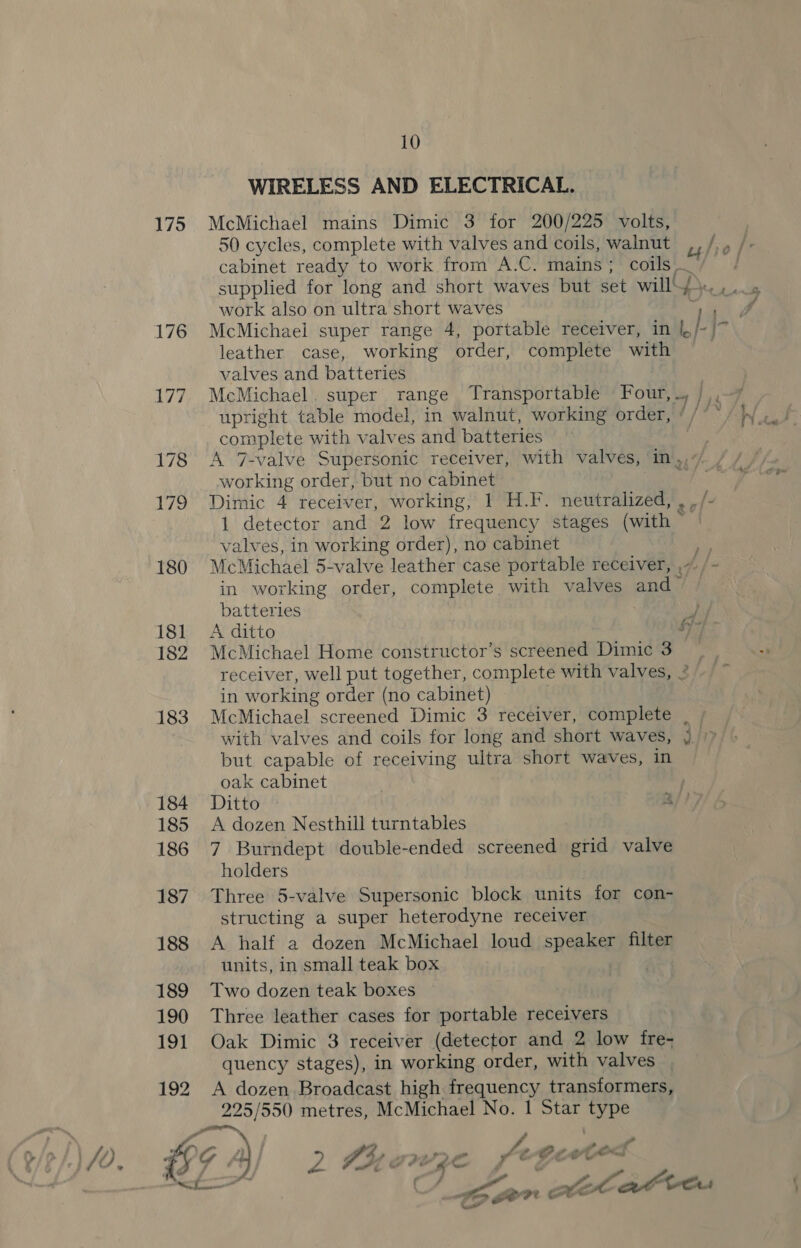WIRELESS AND ELECTRICAL. 175 McMichael mains Dimic 3 for 200/225 volts, 50 cycles, complete with valves and coils, walnut ufio | cabinet ready to work from A.C. mains; coils ~ work also on ultra short waves + 3 176 McMichael super range 4, portable receiver, in |, . iz leather case, working order, complete with valves and batteries 177. McMichael. super range Transportable Four, } .-7 upright table model, in walnut, working order, ‘ / ’* complete with valves and batteries 178 &lt;A 7-valve Supersonic receiver, with valves, ‘in,,”/ working order, but no cabinet + 179 Dimic 4 receiver, working, 1 H.F. neutralized, , ,/- 1 detector and 2 low frequency stages (with | valves, in working order), no cabinet Dy 180 McMichael 5-valve leather case portable receiver, ,~ /- in working order, complete with valves and batteries 181 &lt;A ditto fy 182 McMichael Home constructor’s screened Dimic 3 receiver, well put together, complete with valves, 2 in working order (no cabinet) 183 McMichael screened Dimic 3 receiver, complete with valves and coils for long and short waves, but capable of receiving ultra short waves, in oak cabinet | | 184 Ditto Bi) 185 &lt;A dozen Nesthill turntables 186 7 Burndept double-ended screened grid valve holders 187. Three 5-valve Supersonic block units for con- structing a super heterodyne receiver 188 A half a dozen McMichael loud speaker filter units, in small teak box 189 Two dozen teak boxes 190 Three leather cases for portable receivers 191 Oak Dimic 3 receiver (detector and 2 low fre- quency stages), in working order, with valves _ 192 A dozen Broadcast high frequency transformers, 225/550 metres, McMichael No. 1 Star type Cs? a /p /-) 70. £9 A] 2 Hyernge fx gcoted ‘s C/ Ll AaAtCeu » &lt;a = — Pe 4 io