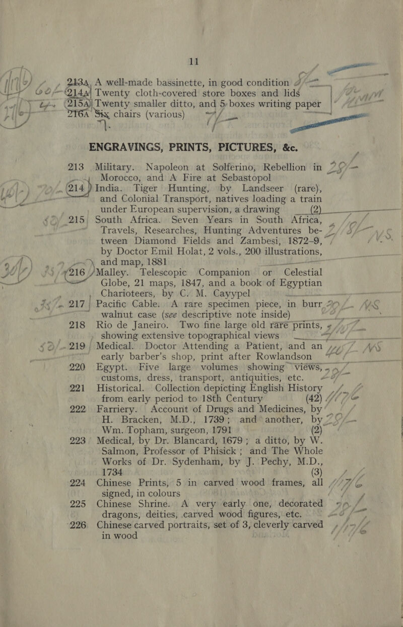 1] wate 2154) Twenty smaller ditto, and 5,boxes writing paper | : OT6A Six chairs (various) 7— _ ad Mk if —— ENGRAVINGS, PRINTS, PICTURES, &amp;c. 213 Military. Napoleon at Solferino, Rebellion in 2S ee Morocco, and A Fire at Sebastopol ’ and Colonial Transport, natives loading a train under European supervision, a drawing (2) 215,\ South Africa. Seven Years in South Africa, . ie Travels, Researches, Hunting Adventures be- 7 Cy ae VAS tween Diamond Fields and Zambesi, 1872-9,” . f ¥. by Doctor Emil Holat, 2 vols., 200 illustrations, ~), and map, 1881 Lote Globe, 21 maps, 1847, and a book of et Re Charioteers, by C. M. Cayypel walnut case (see descriptive note inside) ZL. 218 Rio de Janeiro. Two fine large old rare Prints, “ _ showing extensive topographical views 7 early barber’s shop, print after Rowlandson eae i 220 Egypt. Five large volumes showing vere 9 i _ WL customs, dress, transport, antiquities, etc. #4 221 Historical. Collection depicting English History pi 4 from early period to 18th Century (42) i 7 222 Farriery. Account of Drugs and Medicines, by’ . | H. Bracken, M.D., 1739; and another, Re Wm. Topham, surgeon, 1791 223 Medical, by Dr. Blancard, 1679; a ditto, by bi Salmon, Professor of Phisick ; and The Whole Works of Dr. Sydenham, by J. Pechy, M.D., 1734 (Si ee 224 Chinese Prints, 5 in carved wood frames, all “/ 7G signed, in colours | Vi 225 Chinese Shrine. A very early one, decorated =~ / | dragons, deities, carved wood figures, etc. , ao fF in wood ATER ‘