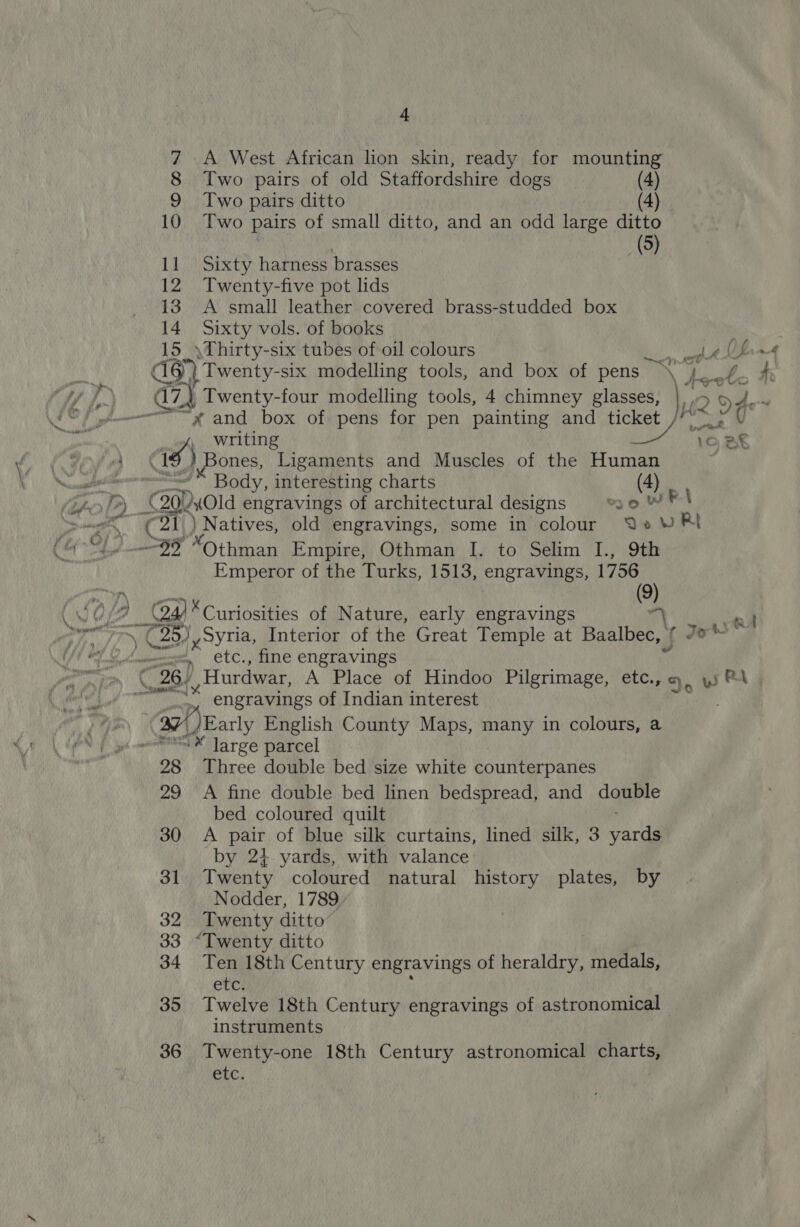7 A West African lion skin, ready for mounting 8 Two pairs of old Staffordshire dogs (4) 9 Two pairs ditto 10 Two pairs of small ditto, and an odd large ditto (5) 11 Sixty harness brasses 12 Twenty-five pot lids 13 A small leather covered brass-studded box 14 Sixty vols. of books 15 \ Thirty-six tubes of oil colours eg? e, ox dé Twenty-six modelling tools, and box of pens a ee i, aq Twenty-four modelling tools, 4 chimney glasses, |, , 2 Ode~ Talbot &amp; ~—~x and box of pens for pen painting and ticket La iy re q writing 1o BE ae) ) Bones, Ligaments and Muscles of the Human : at r * Body, interesting charts (4) hey PP) Mol engravings of architectural designs ao WF “s By. ott) ) Natives, old engravings, some in colour ew Rt (4h BF “Othman Empire, Othman I. to Selim I., 9th ! Emperor of the Turks, 1513, engravings, 1756 (9 LA pe : # Gy Curiosities of Nature, early engravings 4 ee (2 25) Sytia, Interior of the Great Temple at Baalbec, | { Jo YM Kmmenn, €tC., fine engravings x 26), Hurdwar, A Place of Hindoo Pilgrimage, etc., a ys RA .. engravings of Indian interest . Early English County Maps, many in colours, a “* large parcel 28 Three double bed size white counterpanes 29 A fine double bed linen bedspread, and double bed coloured quilt 30 A Be of blue silk curtains, lined silk, 3 uae by 2+ yards, with valance 31 Twenty coloured natural history plates, by Nodder, 1789, 32 Twenty ditto 33 “Twenty ditto 34 Ten 18th Century engravings of heraldry, medals, Cree 35 Twelve 18th Century engravings of astronomical — instruments 36 Twenty-one 18th Century astronomical charts, etc. fA 