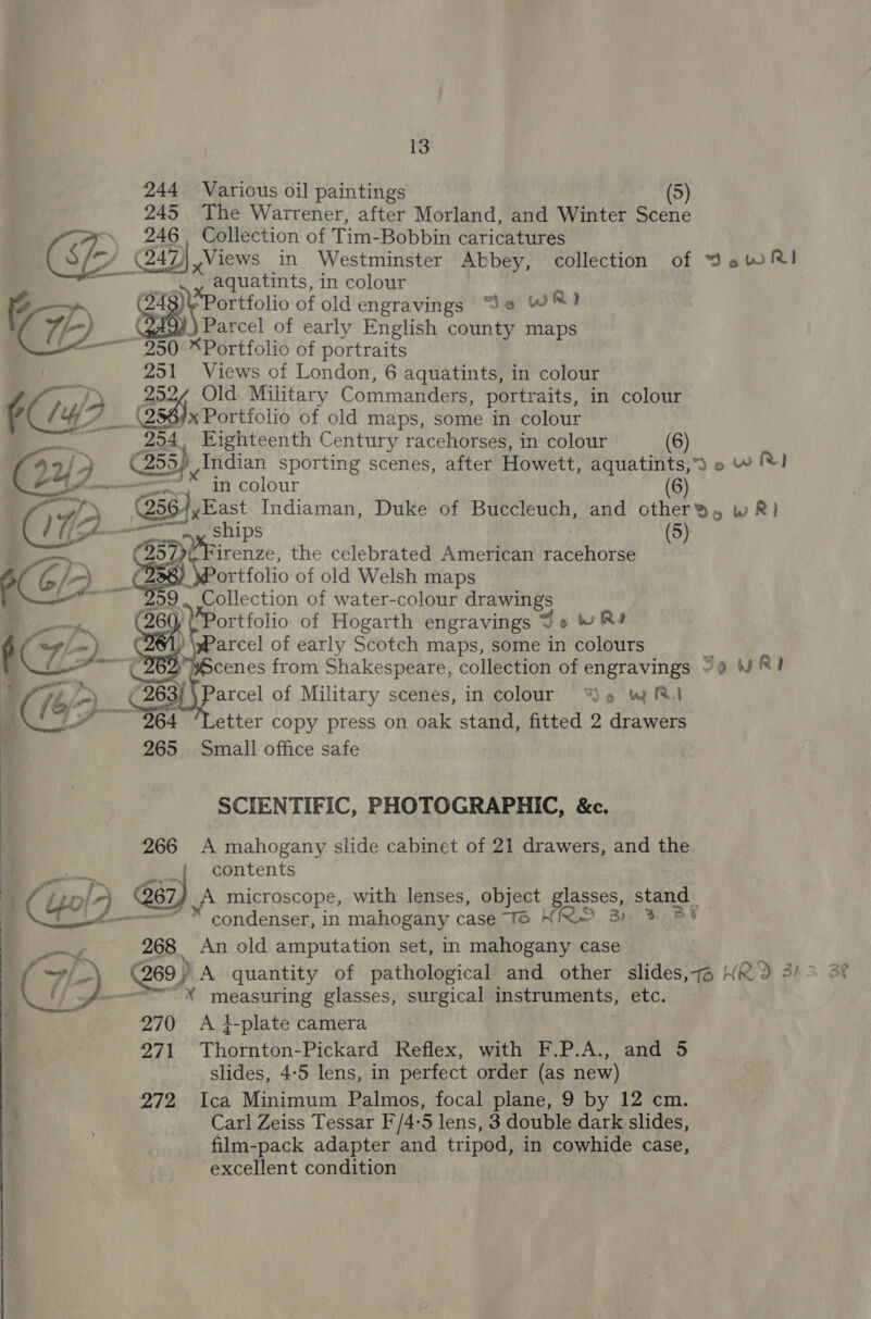  13 244 Various oil paintings (5) 245 The Warrener, after Morland, and Winter Scene 246, Collection of Tin: Bobbin caticatures a ay in colour ortfolio of old engravings So W™! 251 Views of London, 6 aquatints, in colour i Old Military Commanders, portraits, in colour (25%/x Portiolio of old maps, some in colour 254, Eighteenth Century racehorses, in colour (6) 255) Indian sporting scenes, after Howett, aquatints,) ow &amp;! in colour (6) Re }} East Indiaman, Duke of Buccleuch, and other), w 1} 5 OEY, ye SPS (5) Collection of water-colour drawings ortfolio of Hogarth engravings J» wR4 yParcel of early Scotch maps, some in colours    cenes from Shakespeare, collection of engravings 99 WV) 26 3 oat of Military scenes, in colour “Se whi ~ 264 ‘Letter copy press on oak stand, fitted 2 drawers 265 Small office safe SCIENTIFIC, PHOTOGRAPHIC, &amp;c. 266 A mahogany slide cabinet of 21 drawers, and the contents microscope, with lenses, object glasses, stand condenser, in mahogany case Te NRO. 3% BS 268. An old amputation set, in mahogany case Y¥ measuring glasses, surgical instruments, oud; 270 A }-plate camera slides, 4:5 lens, in perfect order (as new) 272 Ica Minimum Palmos, focal plane, 9 by 12 cm. Carl Zeiss Tessar F/4-5 lens, 3 double dark slides, film-pack adapter and tripod, in cowhide case, excellent condition