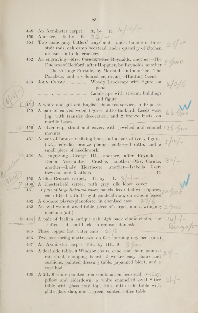 4538 469 23 An Axminster carpet, ft. &amp; pmoaiuer, “tt. bar — TE; Two mahogany butlers’ trayd and stands, bundle of brass stair rods, oak camp bedstead, and a quantity of kitchen utensils and odd crockery An engraving—Mrs,-Carracyatter Reynolds, another—The Duchess of Bedford, after Hoppner, by Reynolds. another —The Cottage Fireside, by Morland, and another—The Poachers, and a coloured engraving—Hunting Scene JOHN CROME Woody Lardseape with figure, on panel Landseape with stream, buildings and figure A white and gilt old English china tea service, in 40 pieces A pair of carved wood figures, ditto tankard, Leeds ware jug, with transfer decoration, and 2 bronze busts, on marble bases ——— It. by mounts eS (a.f.), circular bronze plaque, embossed ditto, and a small piece of needlework An engraving—George IIL., Diana Viscountess Crosbie, another—Lady Heathcote, toryska, and 5 others A blue Brussels carpet, A Chesterfield settee, after Reynolds— Carnac, Czar- 1d another, another—Mrs. another— Isabella tt. by its with grey silk loose cover 7 j A 65-note player-pianoforte, in ebonised case ZT LA An oval walnut wood table, piece of carpet, and a wringing machine (a.f.) ‘aie A pair of Italian antique oak high back elbow chairs, the stuffed seats and backs in crimson damask Three copper hot water cans 22/6 Two box spring mattresses, on feet, forming day beds (a.f.) An Axminster carpet, 19ft. by 11ft. 6 A deal side table, 3 Windsor chairs, cane seat chair, painted rail stool, chopping board, 2 wicker easy chairs and cushions, painted dressing table, japanned bidet, and a coal hod A 2ft. 6 white painted iron combination bedstead, overlay, pillow and eiderdown, a white enamelled oval 2-tier table with glass tray top, 24in. ditto side table with plate glass slab, and a green painted coffee table