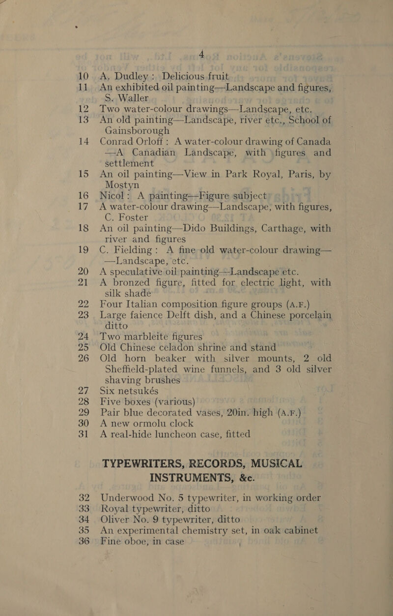 1] 12 fod 13 14 15 16 17 18 19 20 21 22 23 24 29 26 27 28 29 30 31 32 33 34 35 36 4 An exhibited oil painting—Landscape and figures, >. Waller Two water-colour drawings—Landscape, etc. An old painting—Landscape, river etc., School of Gainsborough Conrad Orloff : A water-colour drawing of Canada —A Canadian Landscape, with ‘figures and settlement An oil painting—View in Park Royal, Paris, by Mostyn Nicol: A painting—Figure subject A water-colour drawing—Landscape, with figures, C. Foster An oil painting—Dido Buildings, Carthage, with river and figures C. Fielding: A fine old water-colour drawing— —TLandscape, etc. A speculative oil painting—Landscape etc. A bronzed figure, fitted for electric light, with silk shade Four Italian composition figure groups (A.F.) Large faience Delft dish, and a Chinese porcelain ditto Two marbleite figures Old Chinese celadon shrine and stand Old horn beaker with silver mounts, 2. old Sheffield-plated wine funnels, and 3 old silver shaving brushes | Six netsukés Five boxes (various) Pair blue decorated vases, 20in. high (A.F.) A new ormolu clock A real-hide luncheon case, fitted TYPEWRITERS, RECORDS, MUSICAL INSTRUMENTS, &amp;c. Underwood No. 5 typewriter, in working order Royal typewriter, ditto Oliver No. 9 typewriter, ditto An experimental chemistry set, in oak cabinet Fine oboe, in case