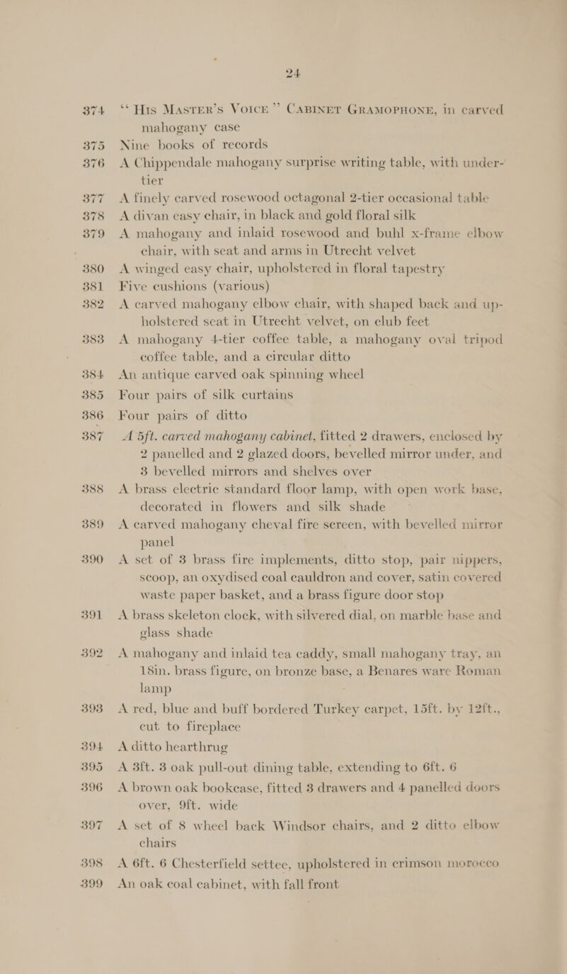 391 392 395 399 ‘¢ His MASTER’sS VOICE’ CABINET GRAMOPHONE, in carved mahogany case Nine books of records A Chippendale mahogany surprise writing table, with under- tier A finely carved rosewood octagonal 2-tier occasional table A divan easy chair, in black and gold floral silk A mahogany and inlaid rosewood and buhl x-frame elbow chair, with seat and arms in Utrecht velvet A winged easy chair, upholstered in floral tapestry Five cushions (various) A carved mahogany elbow chair, with shaped back and up- holstered seat in Utrecht velvet, on club feet A mahogany 4-tier coffee table, a mahogany oval tripod coffee table, and a circular ditto An antique carved oak spinning wheel Four pairs of silk curtains Four pairs of ditto A 5ft. carved mahogany cabinet, fitted 2 drawers, enclosed by 2 panelled and 2 glazed doors, bevelled mirror under, and 3 bevelled mirrors and shelves over A brass electric standard floor lamp, with open work base, decorated in flowers and silk shade A carved mahogany cheval fire screen, with bevelled mirror panel A set of 3 brass fire implements, ditto stop, pair nippers, scoop, an oxydised coal cauldron and cover, satin covered waste paper basket, and a brass figure door stop A brass skeleton clock, with silvered dial, on marble base and glass shade A mahogany and inlaid tea caddy, small mahogany tray, an 18in. brass figure, on bronze base, a Benares ware Roman lamp A red, blue and buff bordered Turkey carpet, 15ft. by 12{t., cut to fireplace A ditto hearthrug A 3ft. 3 oak pull-out dining table, extending to 6ft. 6 A brown oak bookease, fitted 3 drawers and 4 panelled doors over, 9ft. wide A set of 8 wheel back Windsor chairs, and 2 ditto elbow chairs A 6ft. 6 Chesterfield settee, upholstered in crimson morocco An oak coal cabinet, with fall front